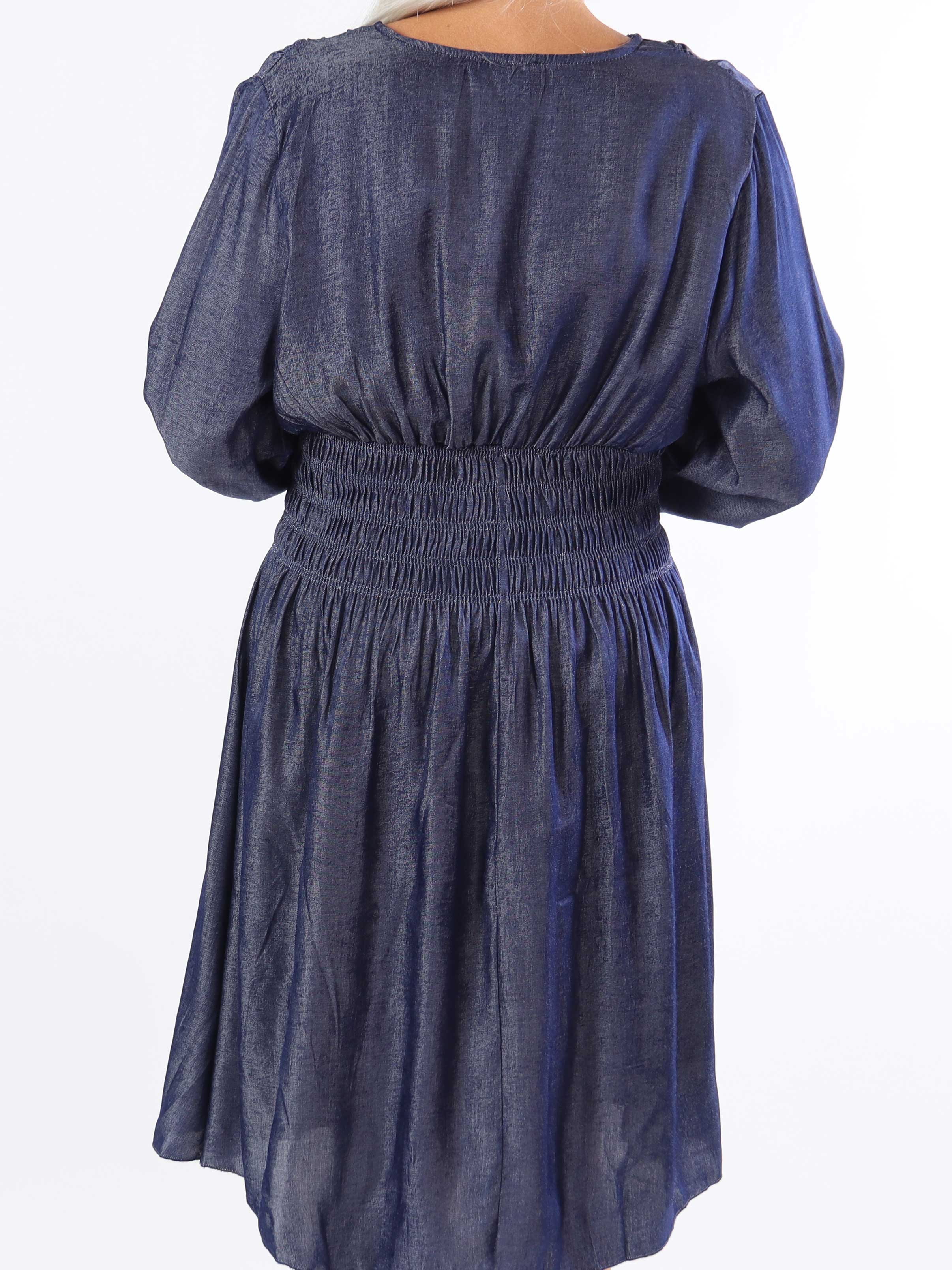 Pams Denim Short L/S - Plus size klänning med smock i midjan