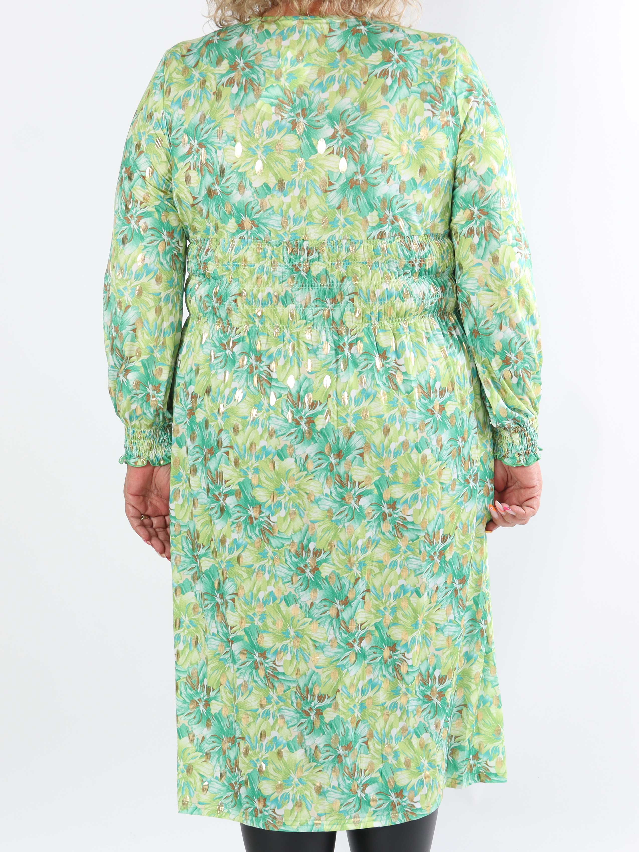 Pams Floral Midi L/S - Elastisk plus size-klänning i skrynkelfritt tyg