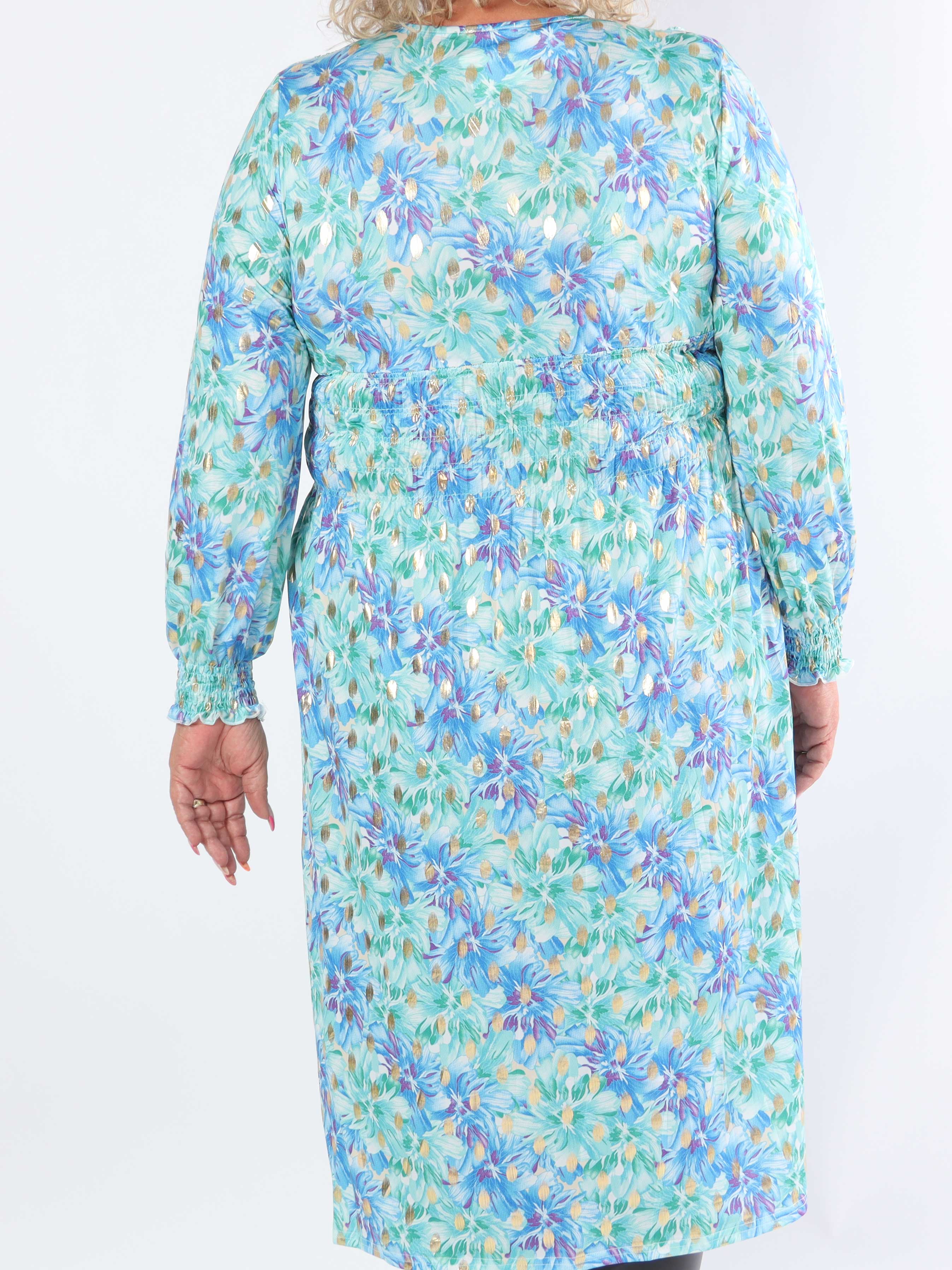 Pams Floral Midi L/S - Elastisk plus size-klänning i skrynkelfritt tyg