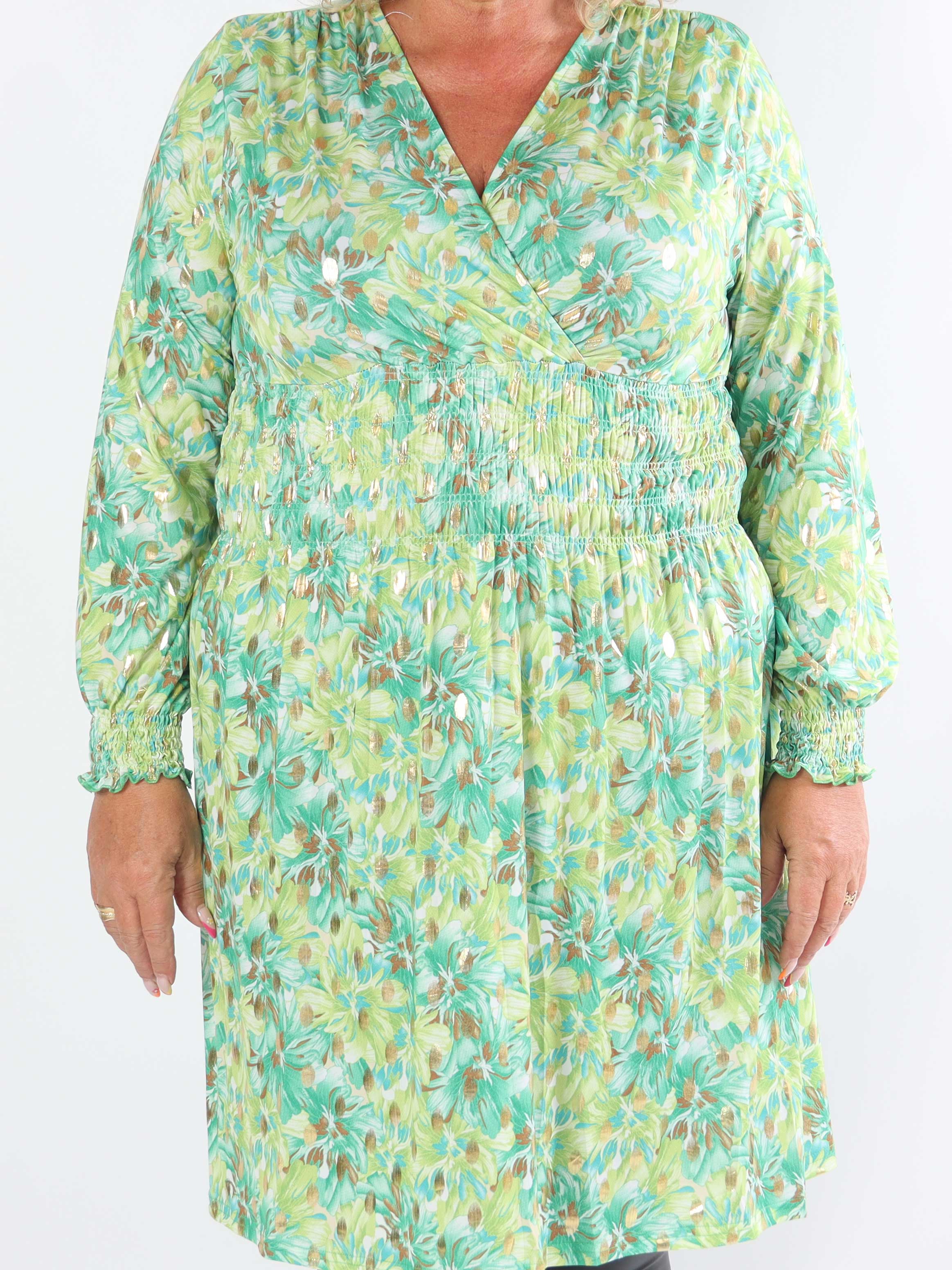 Pams Floral Short L/S - Elastisk plus size-klänning med smockad midja