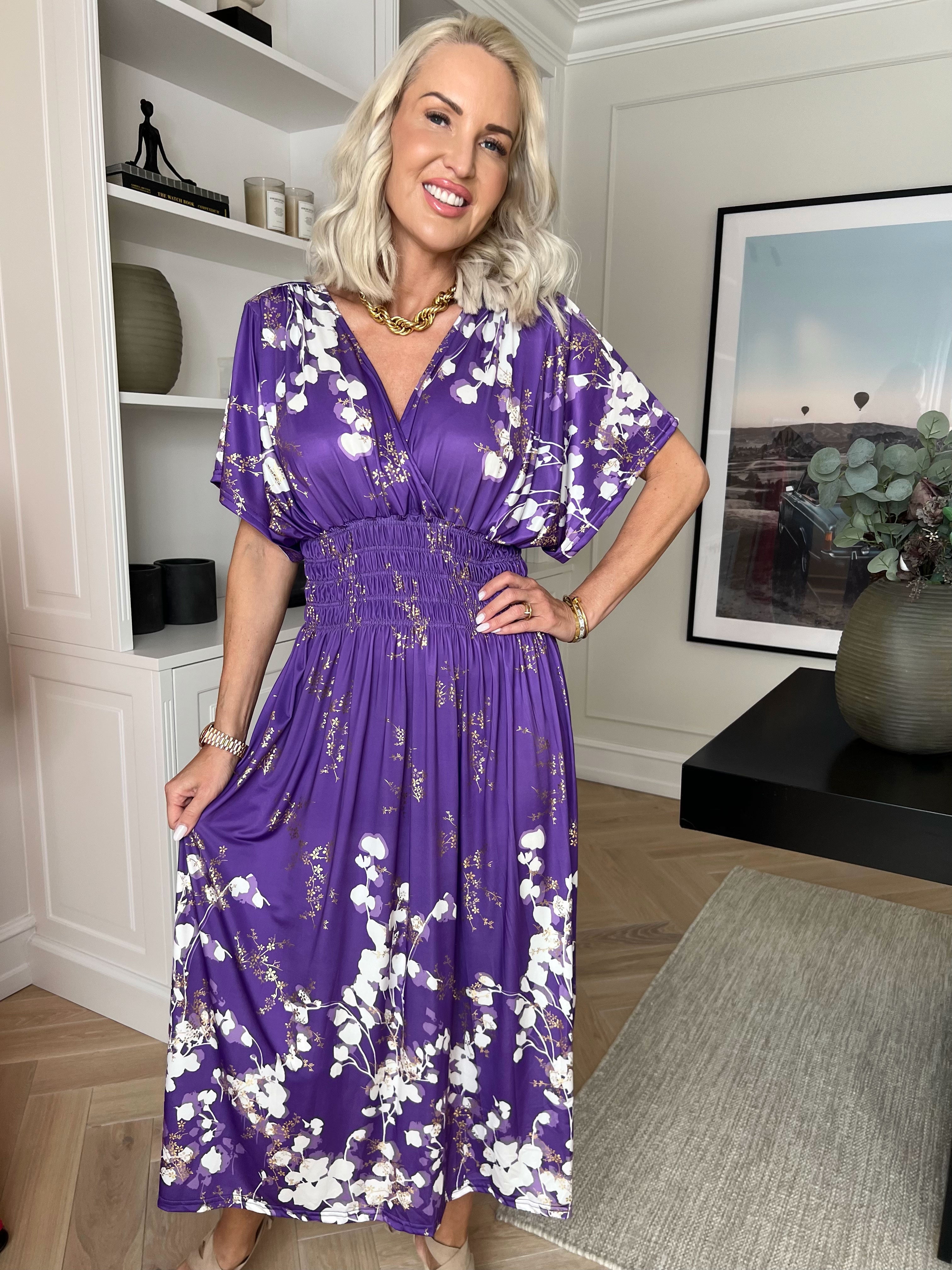 Pams Gilded Midi - Elastisk kjole med blomsterprint og guld blade.