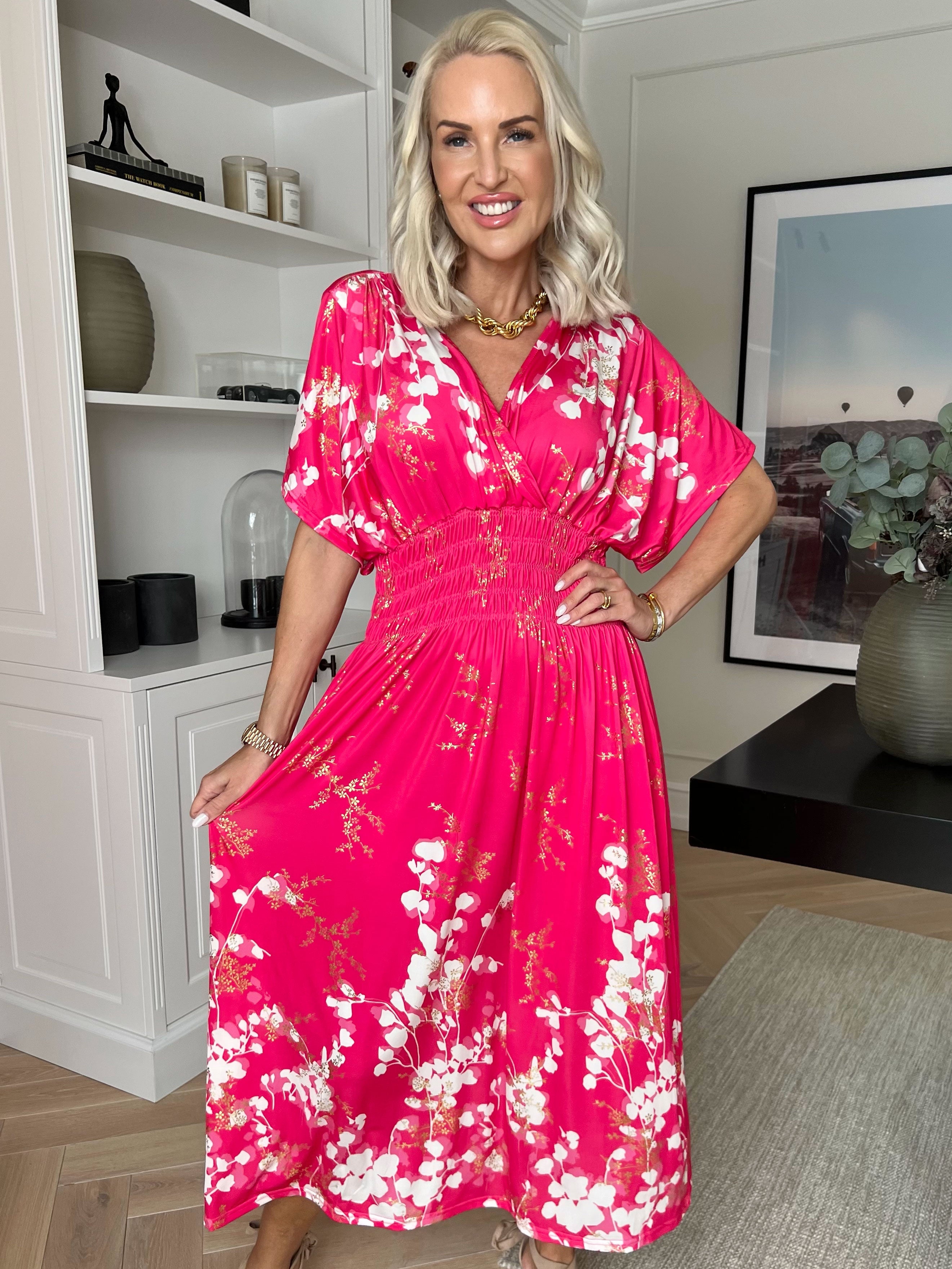 Pams Gilded Midi - Elastisk kjole med blomsterprint og guld blade.