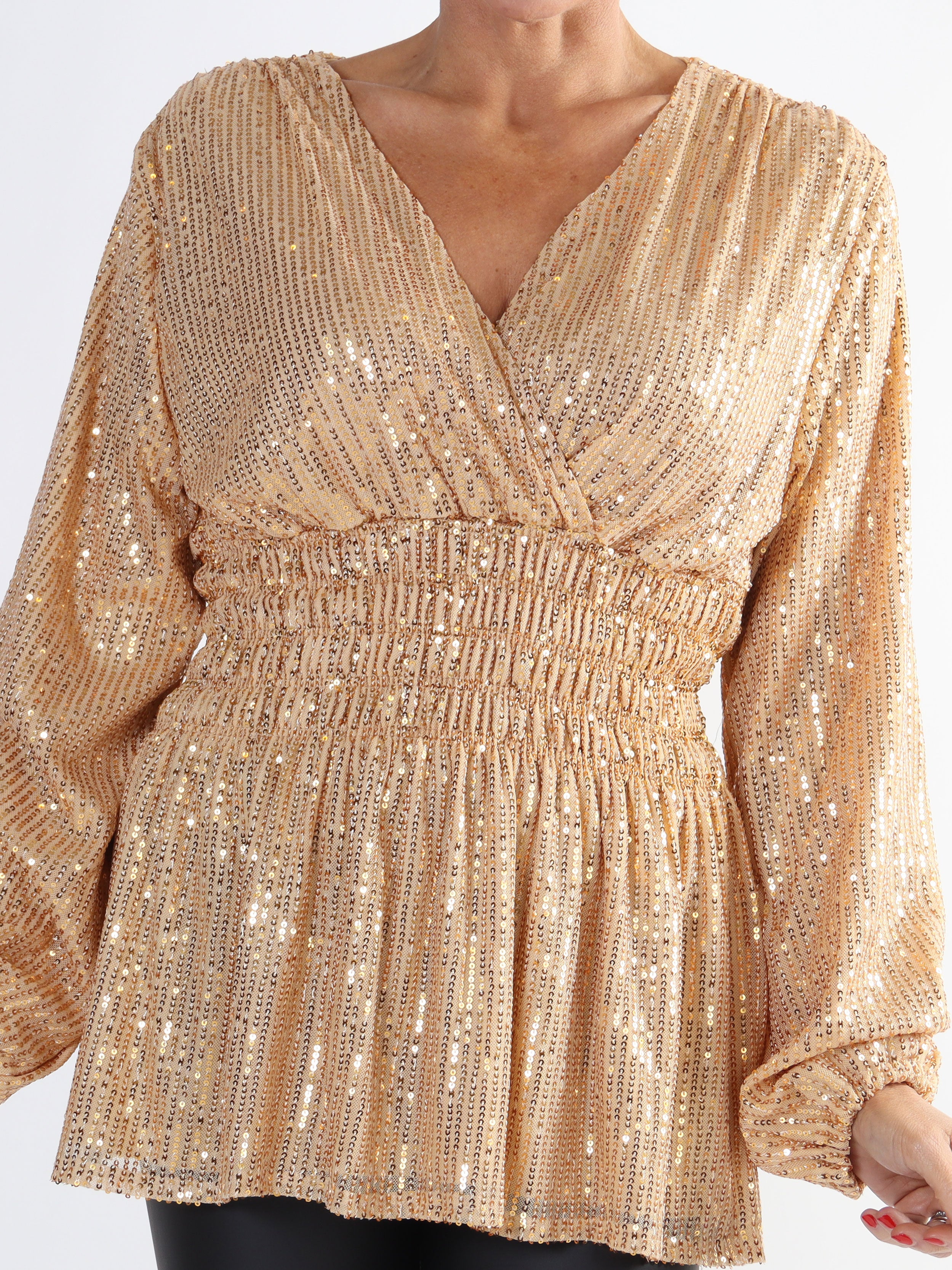 Pams Glitter Shirt L/S - Plus size blus med paljetter och långa ärmar