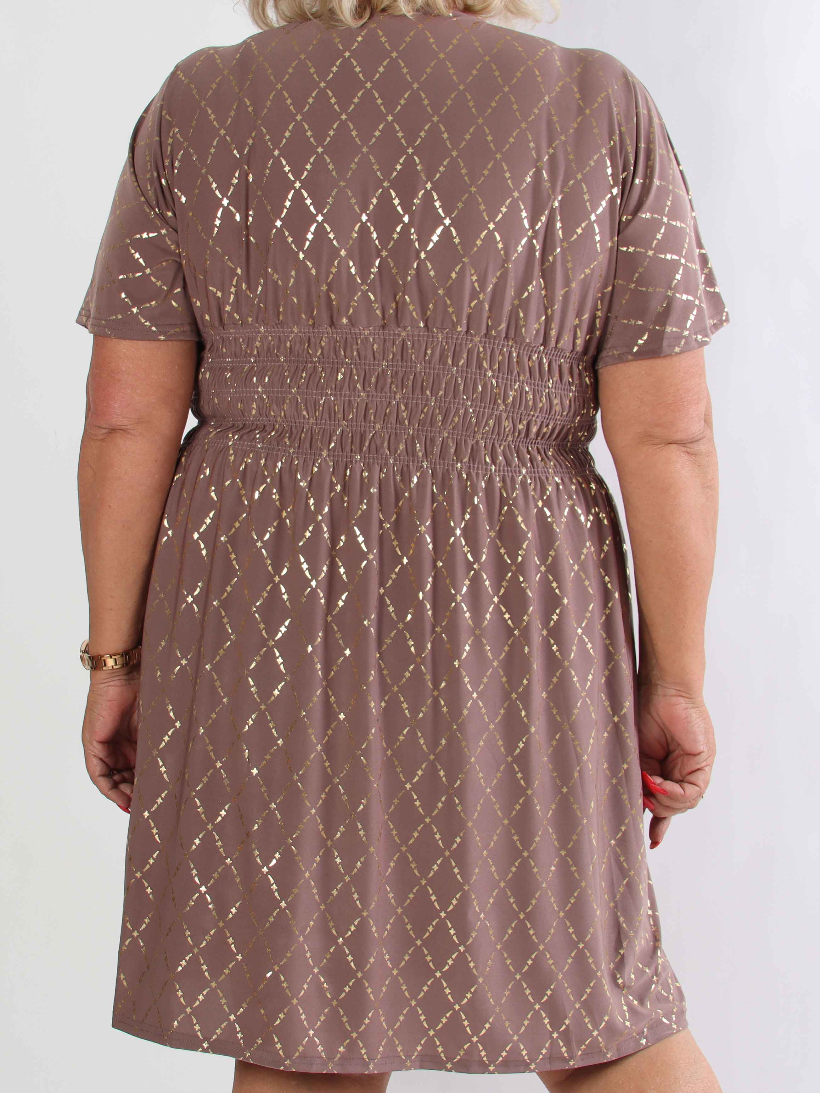 Pams Gold Check Short - Kort elastisk plus size klänning med gulddetaljer
