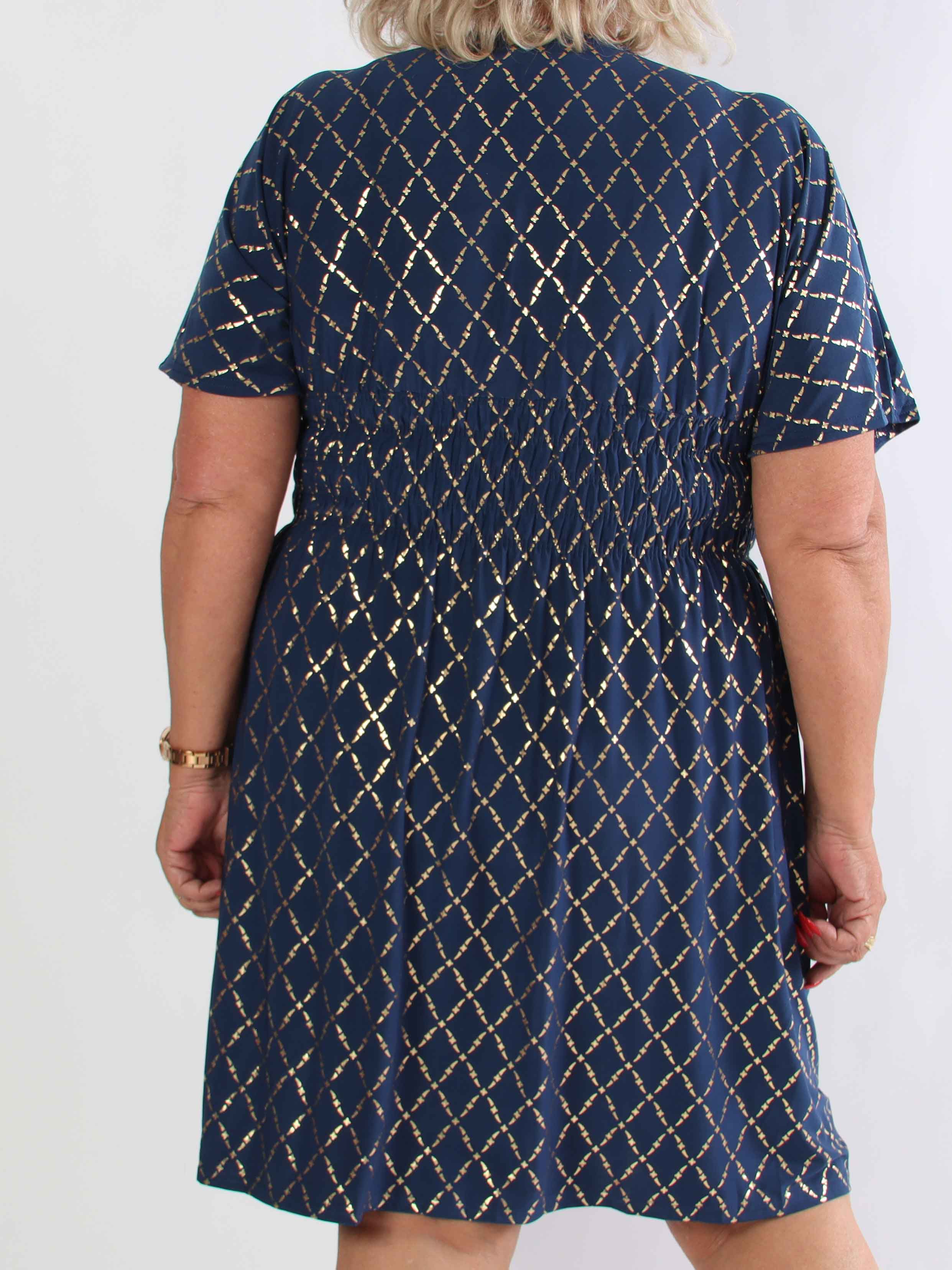 Pams Gold Check Short - Kort elastisk plus size klänning med gulddetaljer