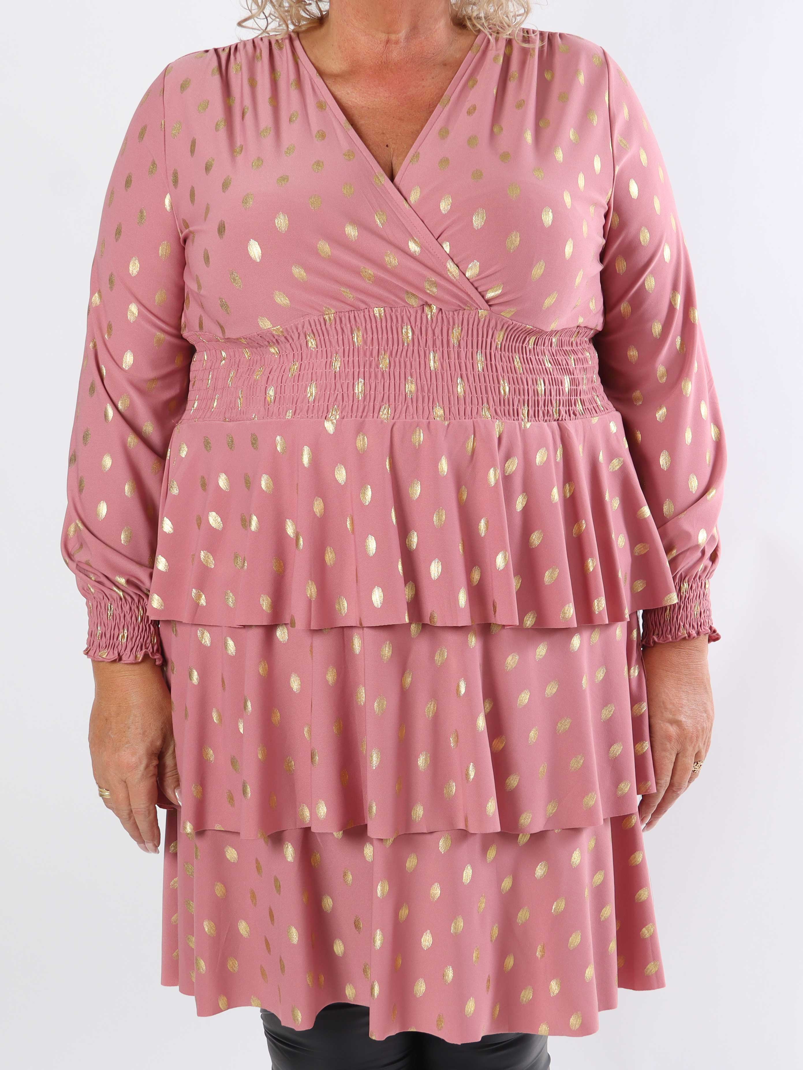 Pams Gold Dot Frills - Söt stretchig plus size-klänning med volanger
