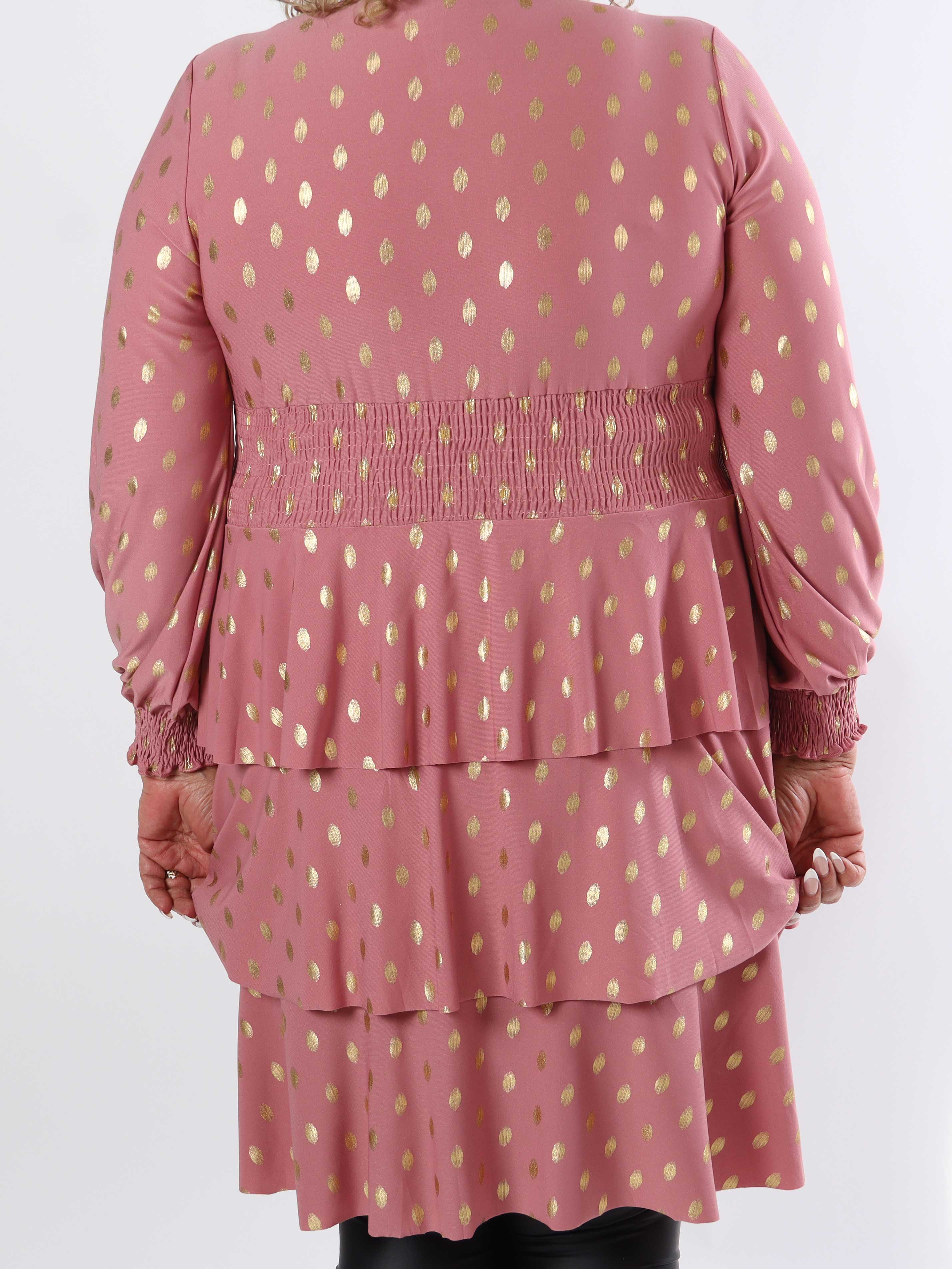 Pams Gold Dot Frills - Söt stretchig plus size-klänning med volanger