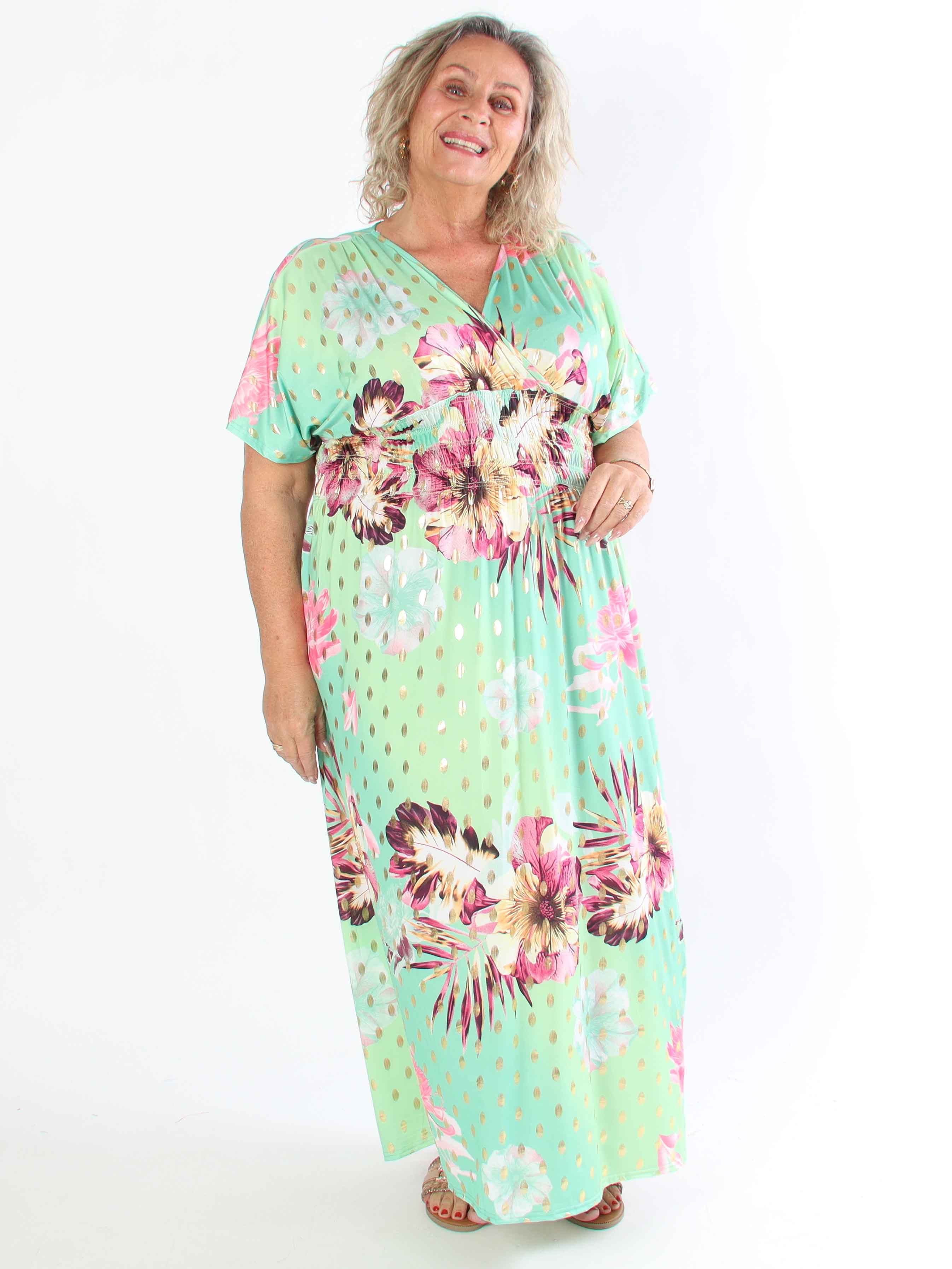 Pams Hawaii - Lång plus size klänning i stretchtyg med blommönster