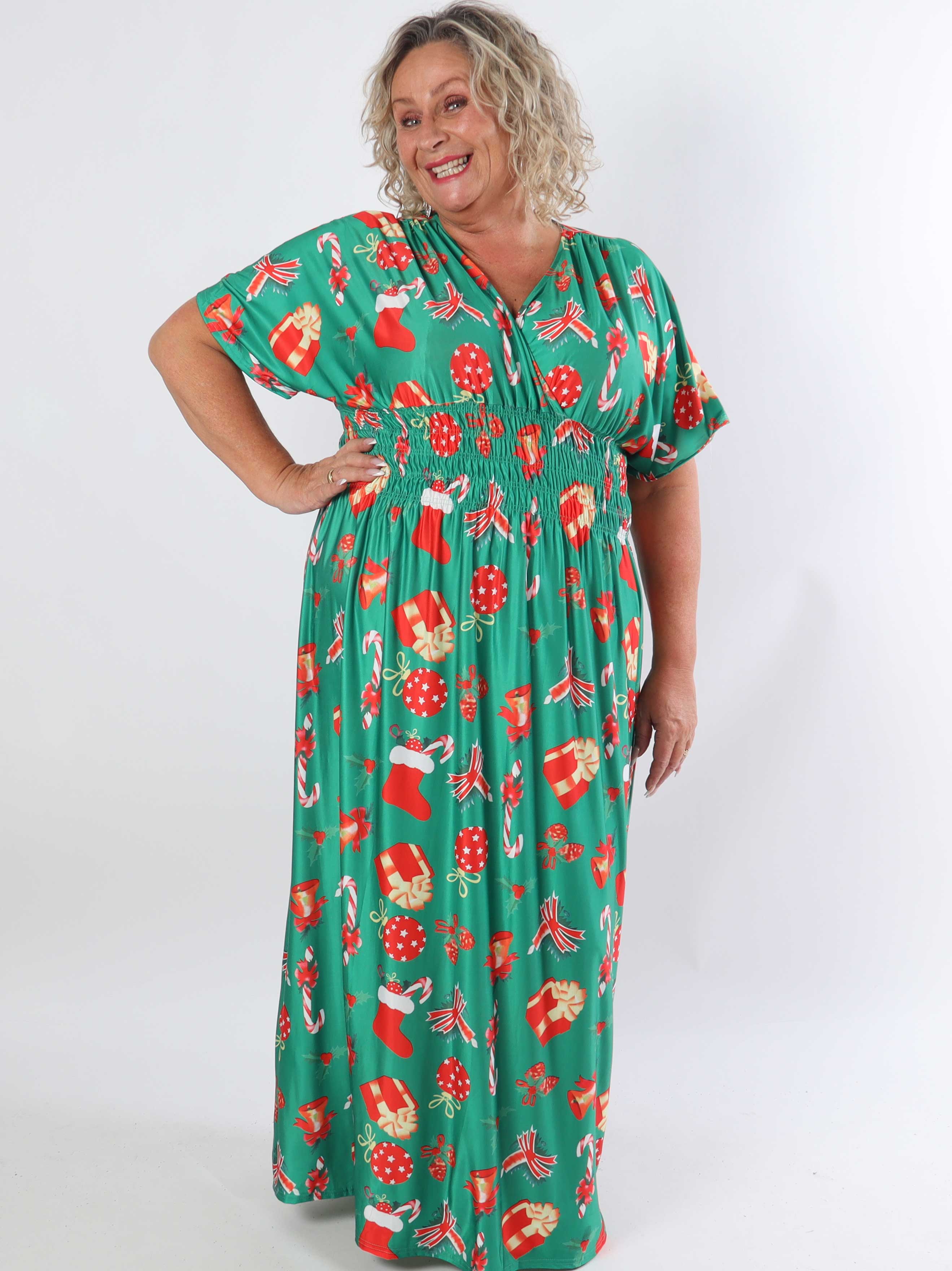 Pams Holiday - Lång stretchig plus size-klänning med julmotiv