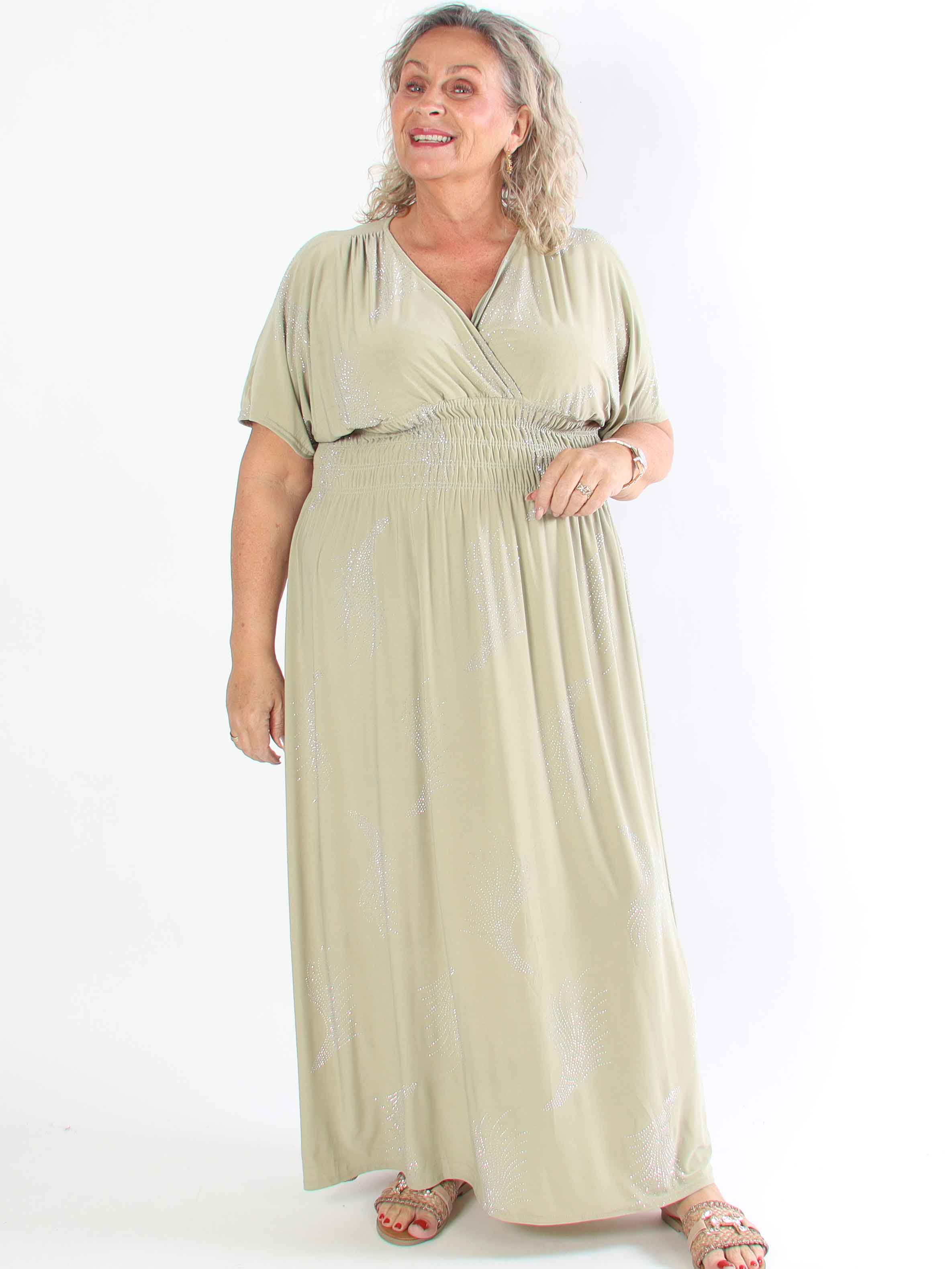 Pams Leaf Crystal - Lång stretch plus size klänning med strassmönster