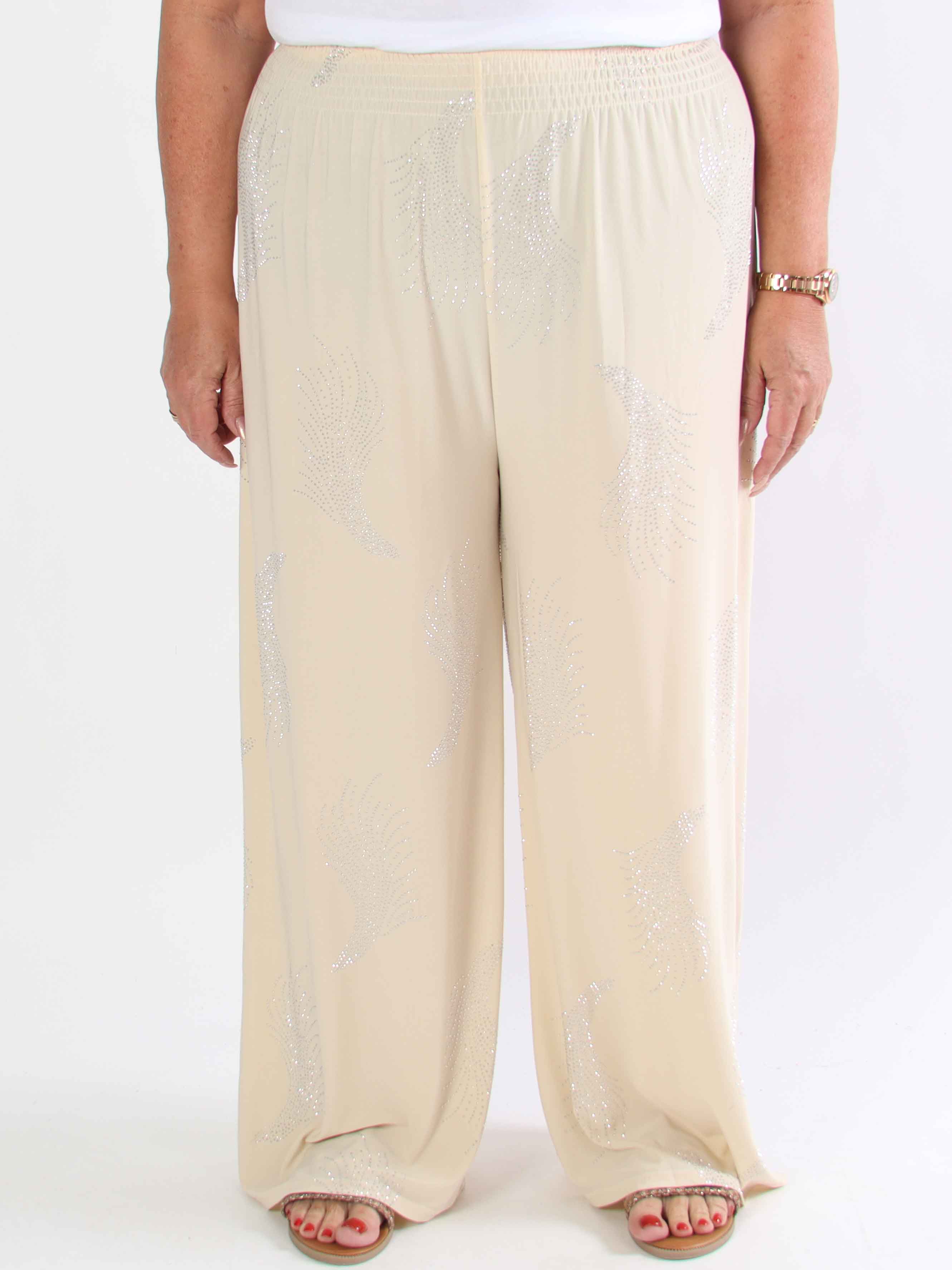 Pams Leaf Crystal Pants - Lösa elastiska byxor med strass
