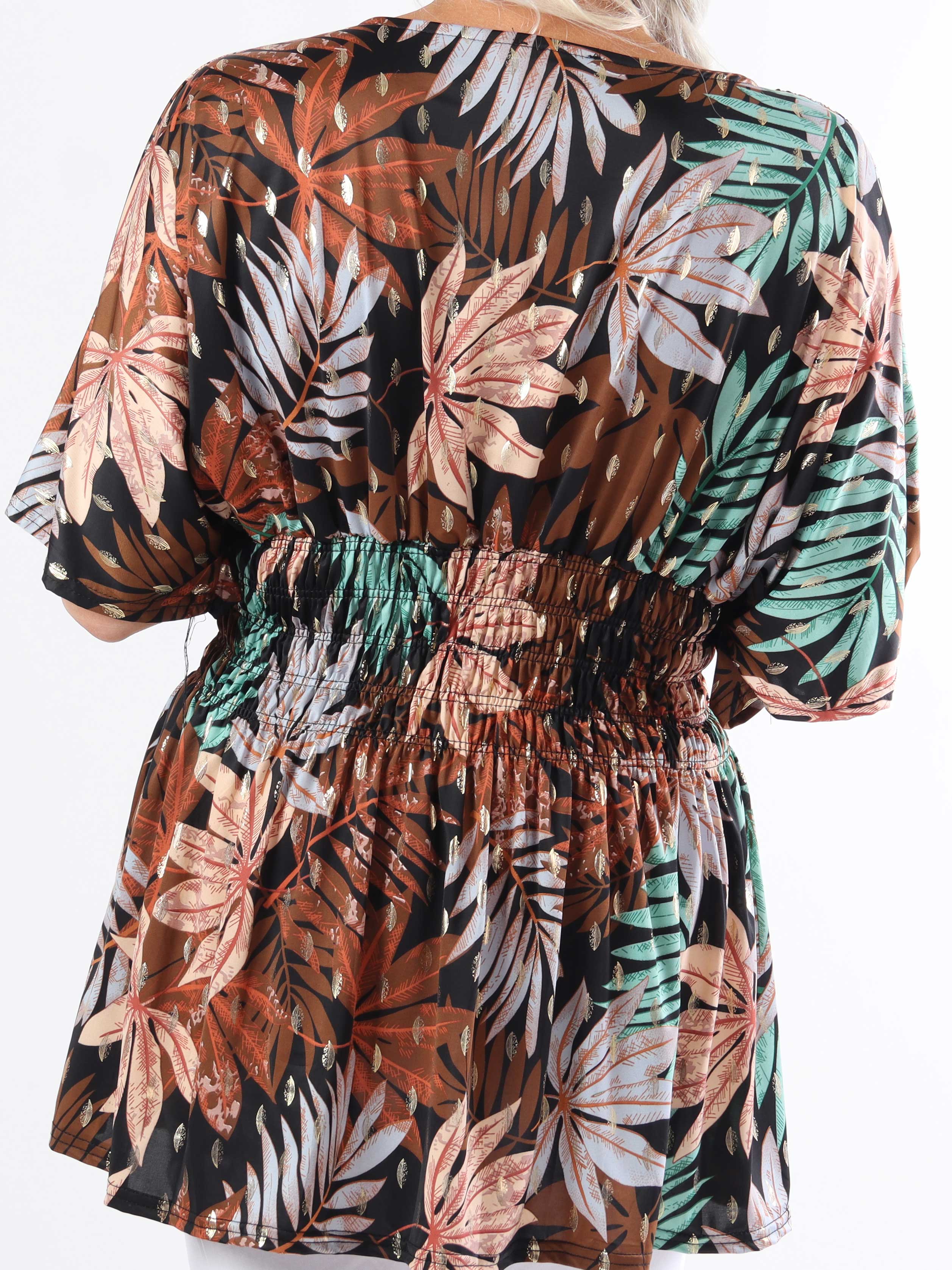 Pams Leaf Shirt S/S - Söt plus size-tunika i blommigt tryck med smock