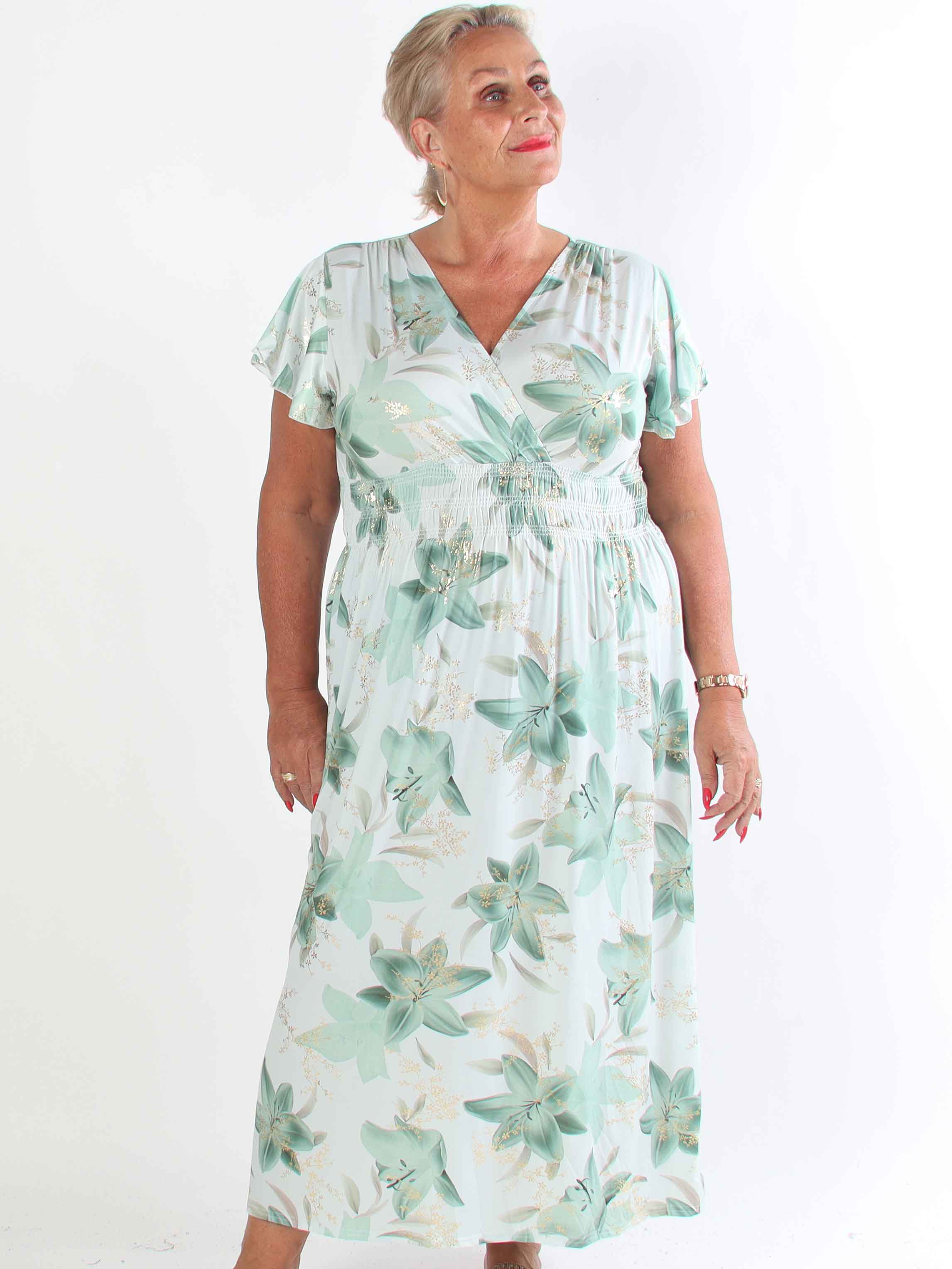 Pams Lilies - Elastisk plus size klänning med liljemönster och gulddetaljer