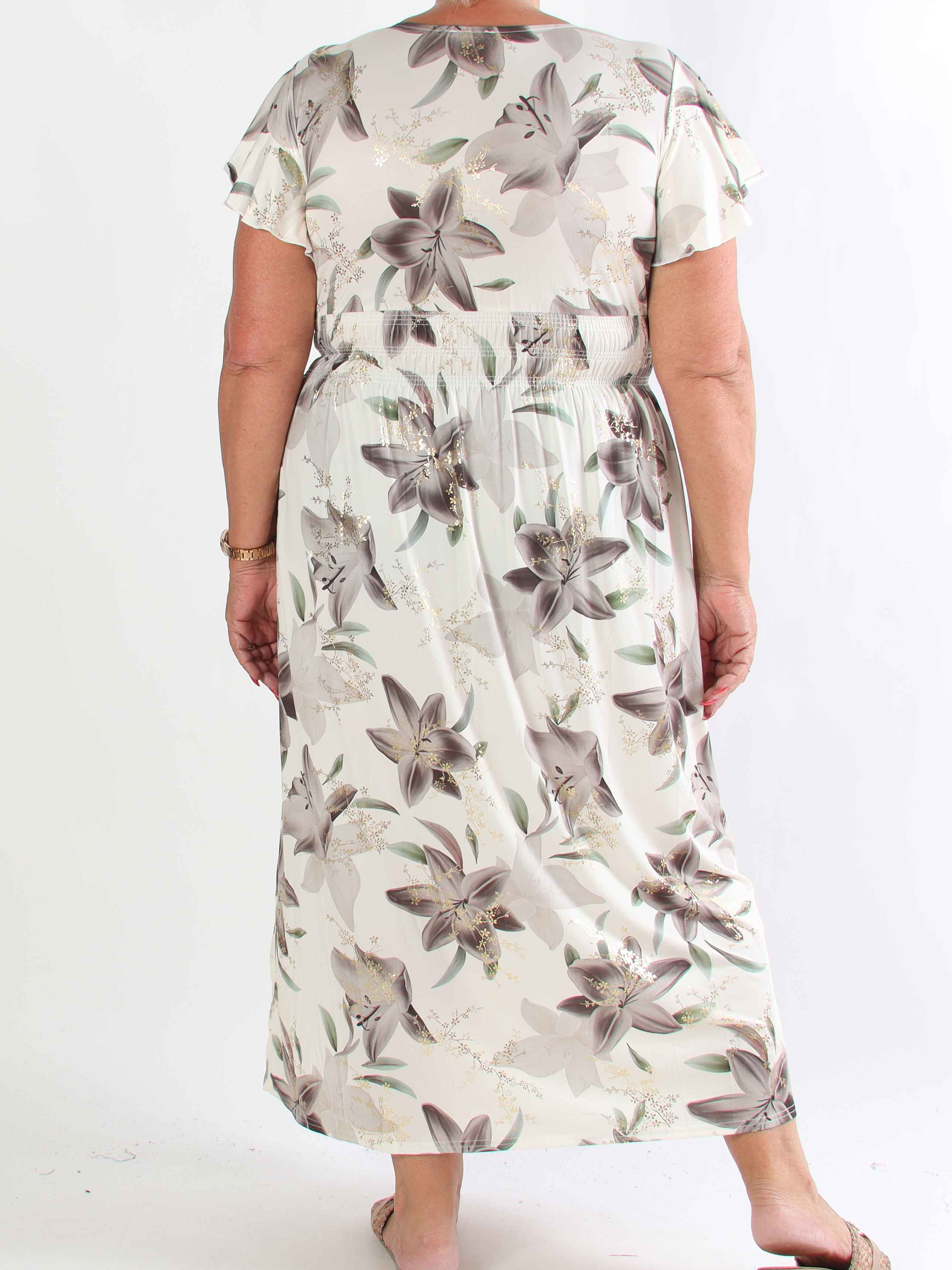 Pams Lilies - Elastisk plus size klänning med liljemönster och gulddetaljer