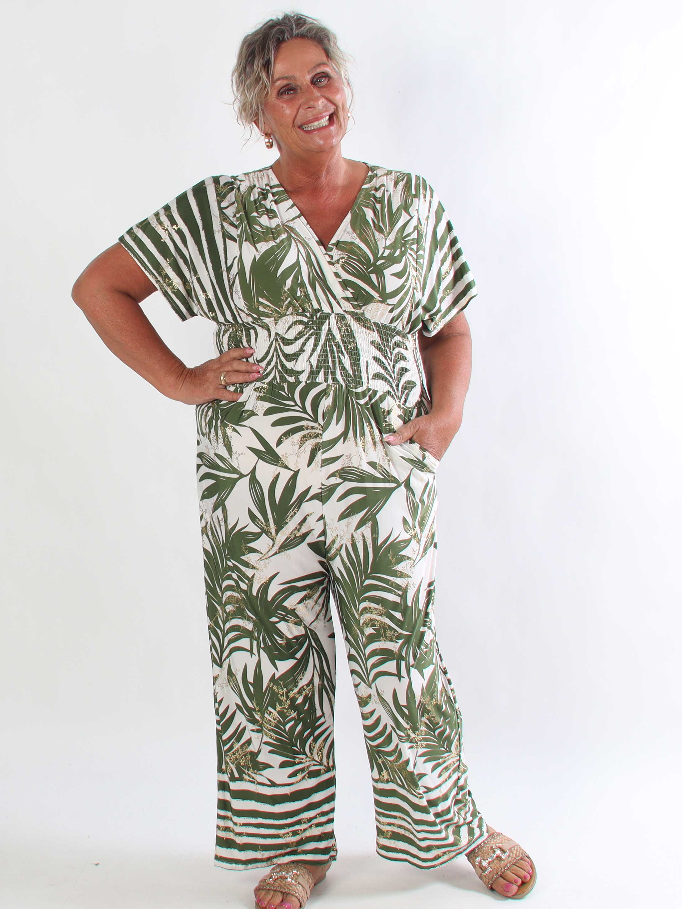 Pams Palm Jumpsuit - Elastisk plus size buksedragt med palmeprint