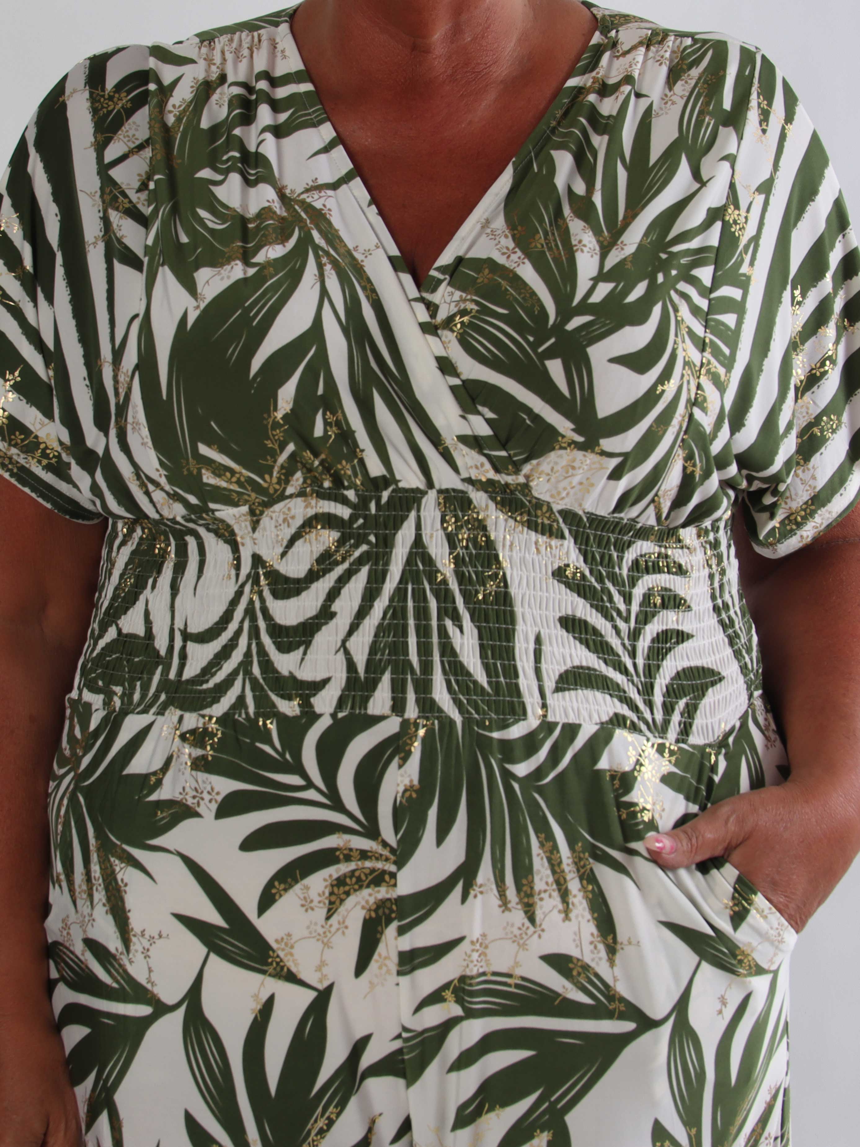 Pams Palm Jumpsuit - Elastisk plus size buksedragt med palmeprint