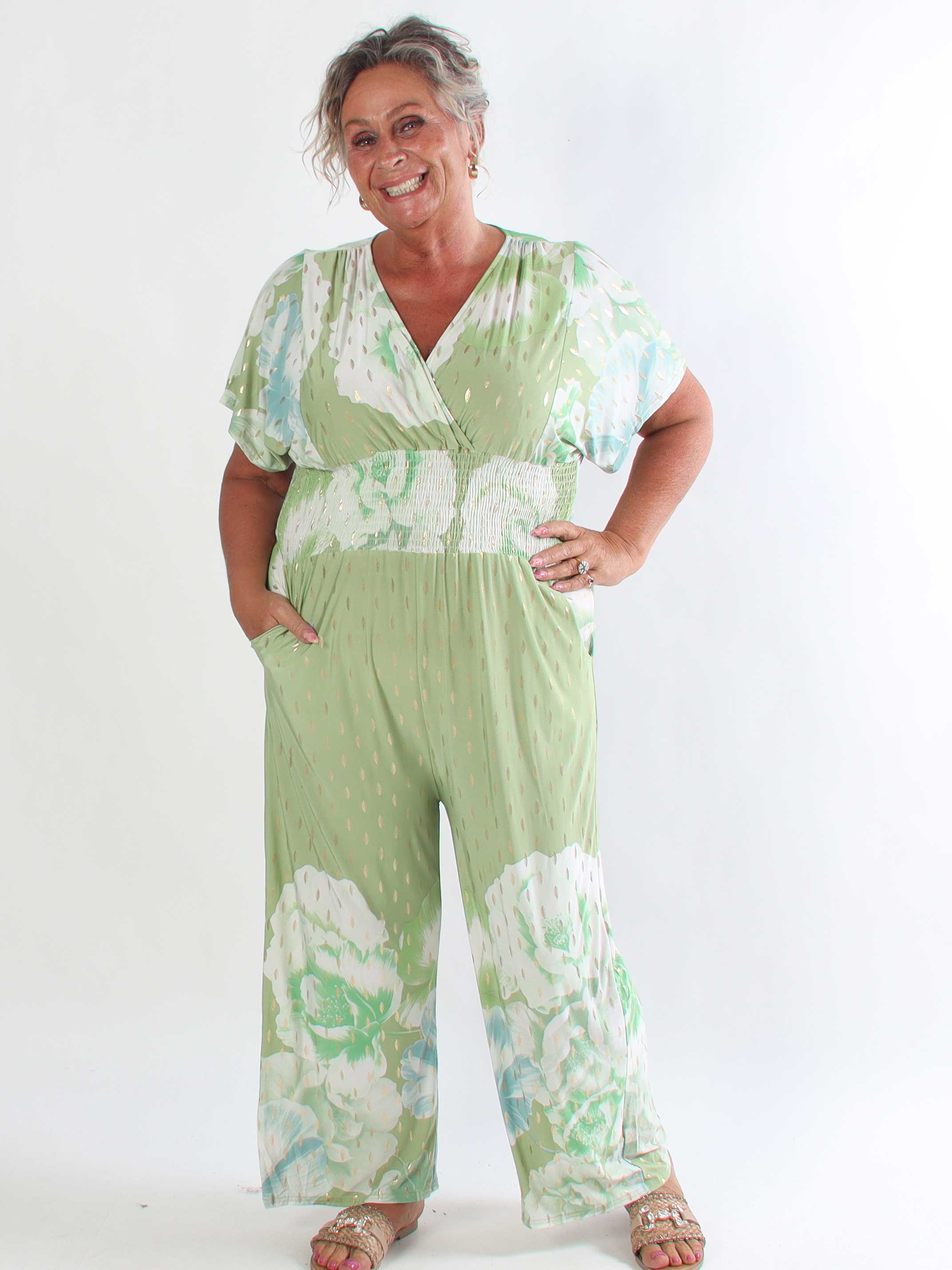 Pams Peony Jumpsuit - Elastisk plus size buksedragt med blomstermotiver