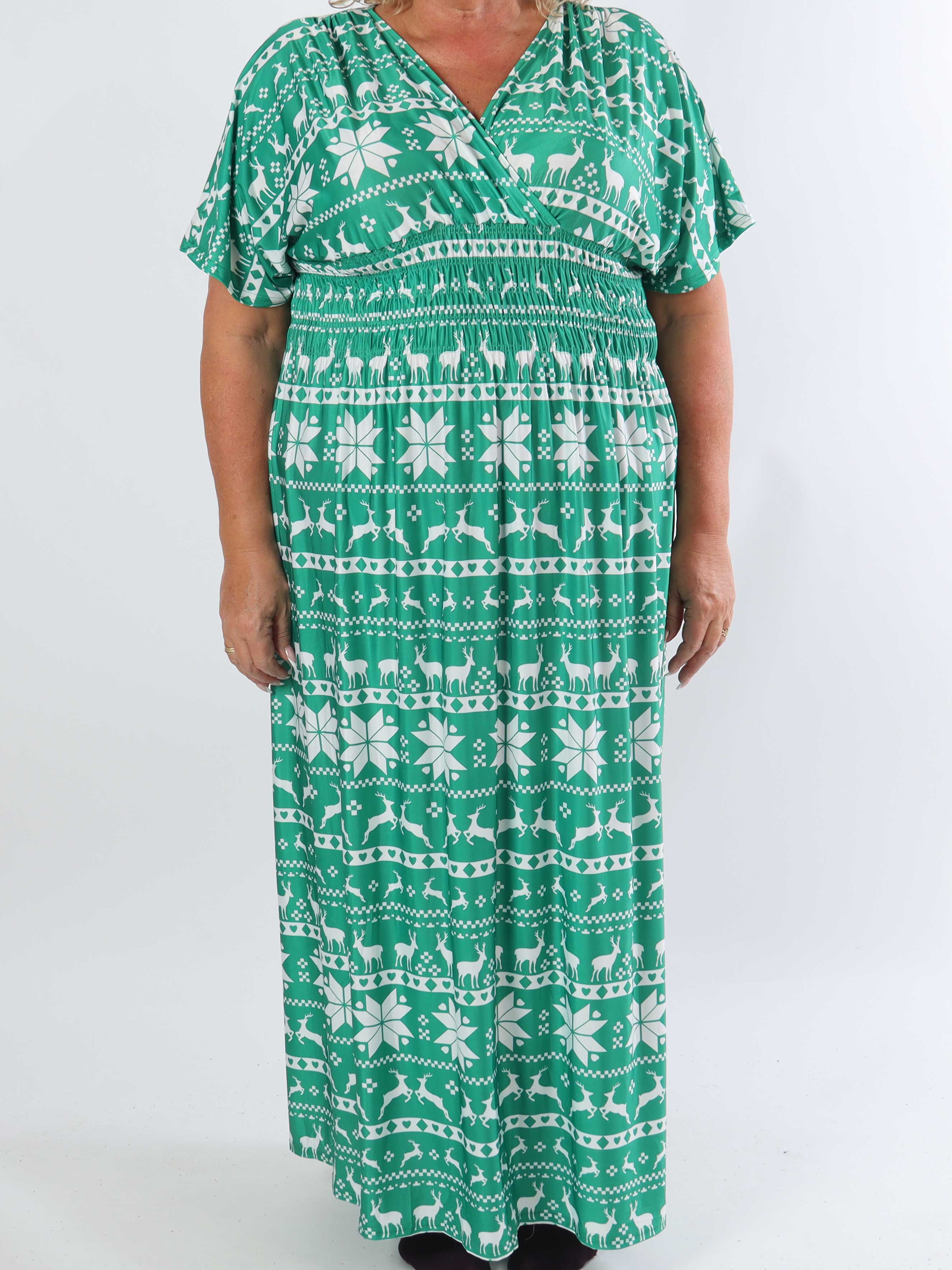Pams Snow - Lång stretchig plus size-klänning med jultryck