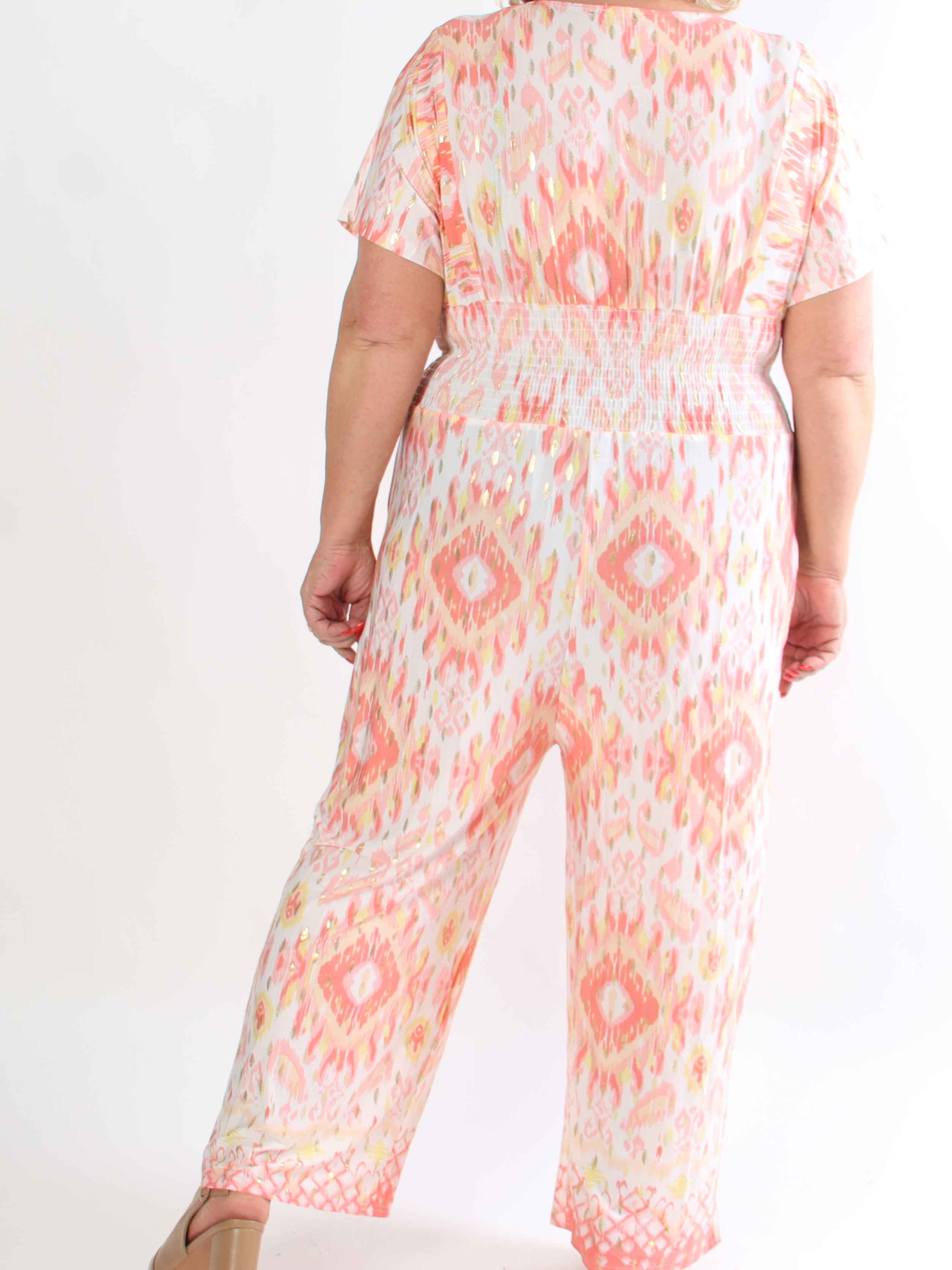 Pams Artsy Jumpsuit - Elastisk plus size mønstret buksedragt med guld dutter