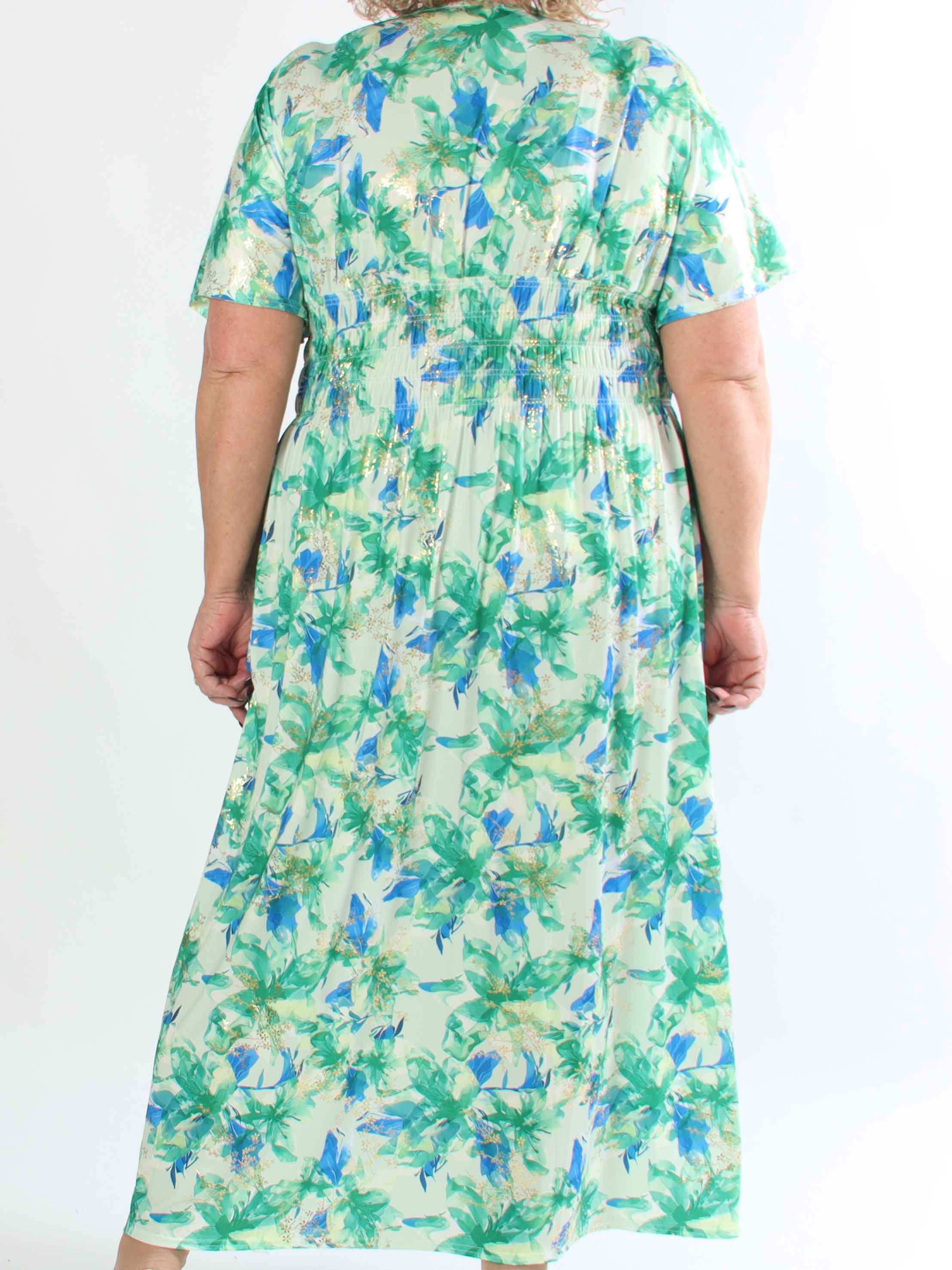 Pams Flourish - Lang plus size kjole med fine blomster og guld blade