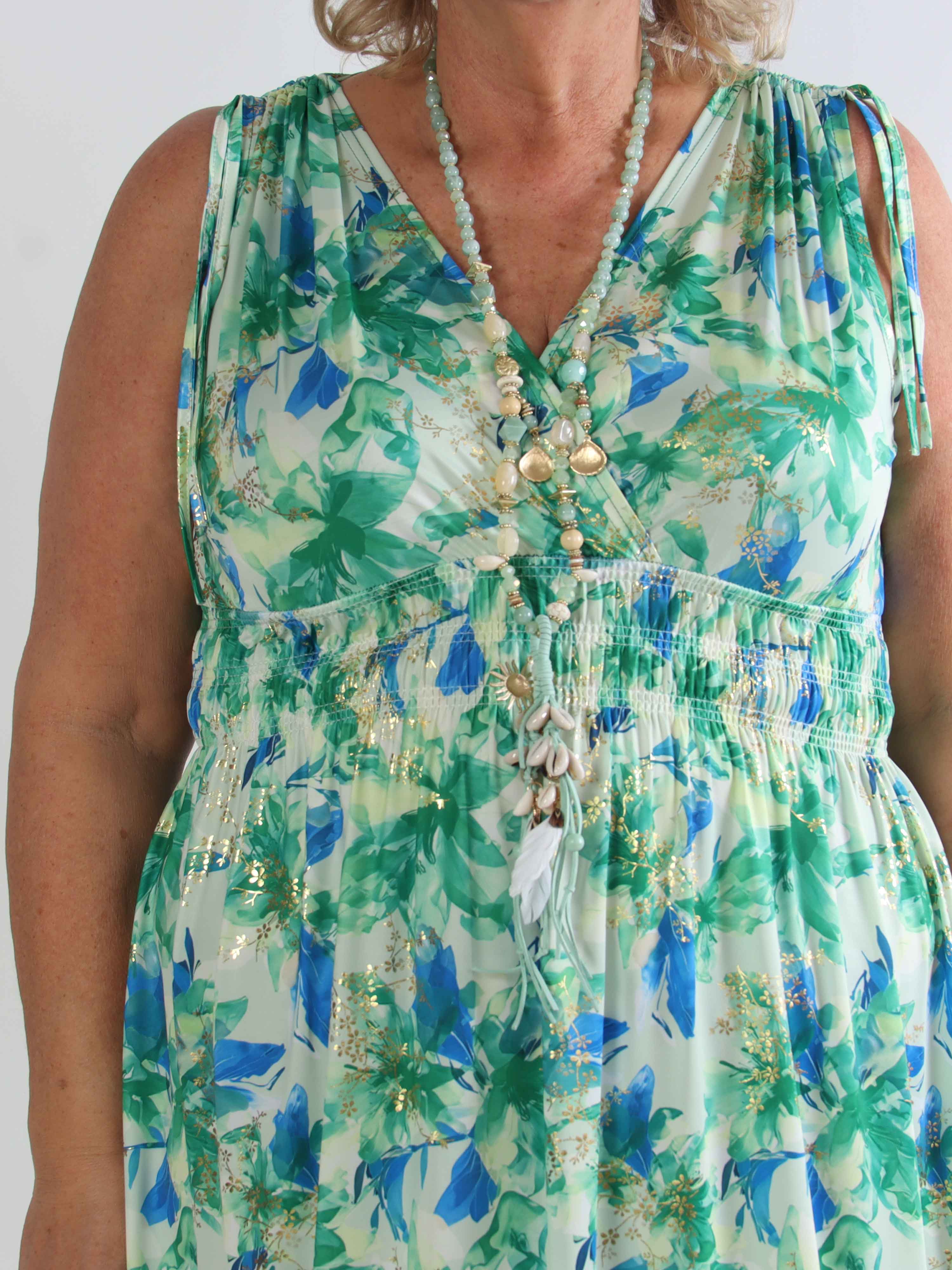 Pams Flourish Short - Elastisk blomstret plus size kjole med guld detaljer