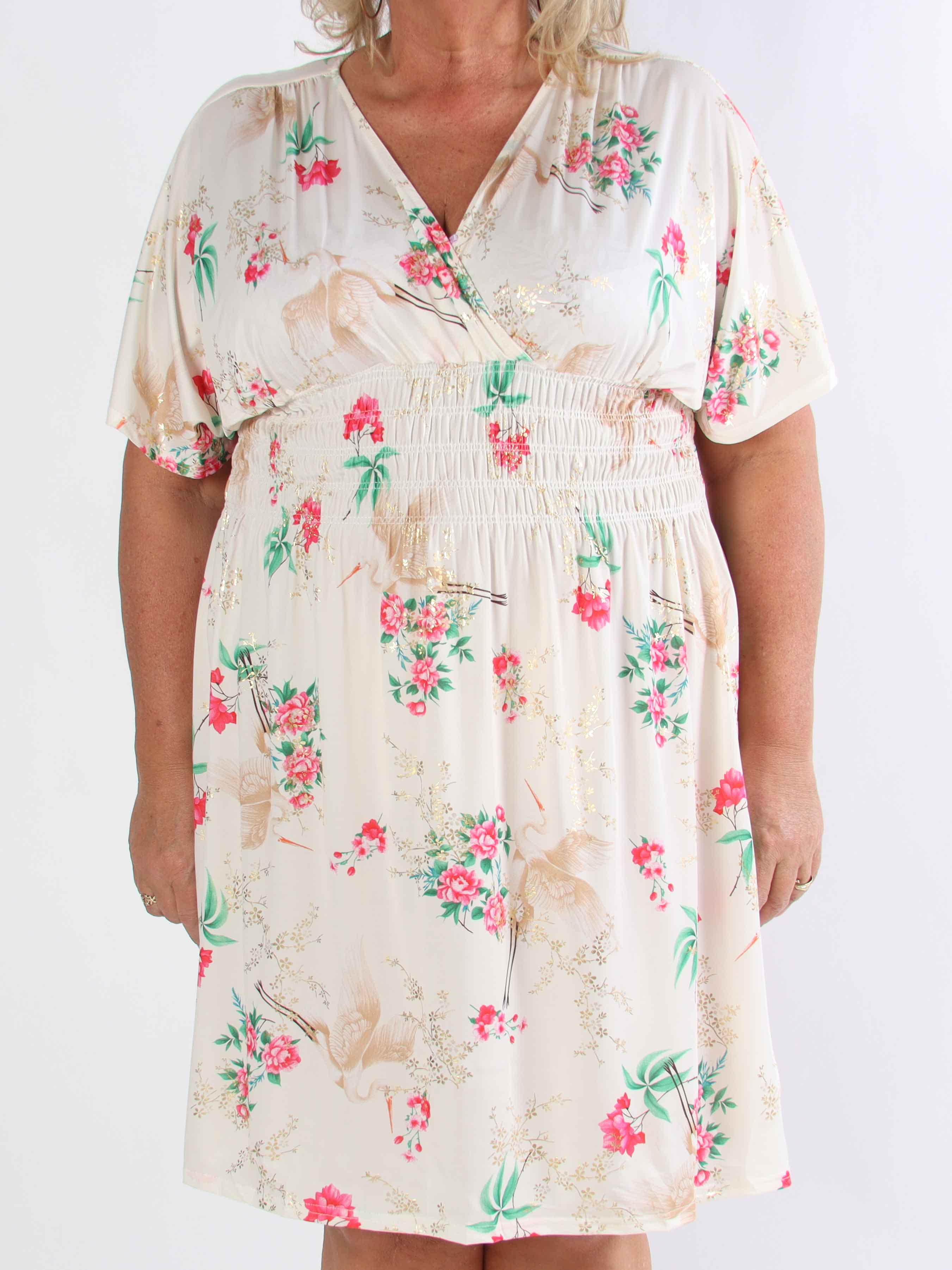 Pams Fly Short - Elastisk plus size-klänning med blommor och fåglar
