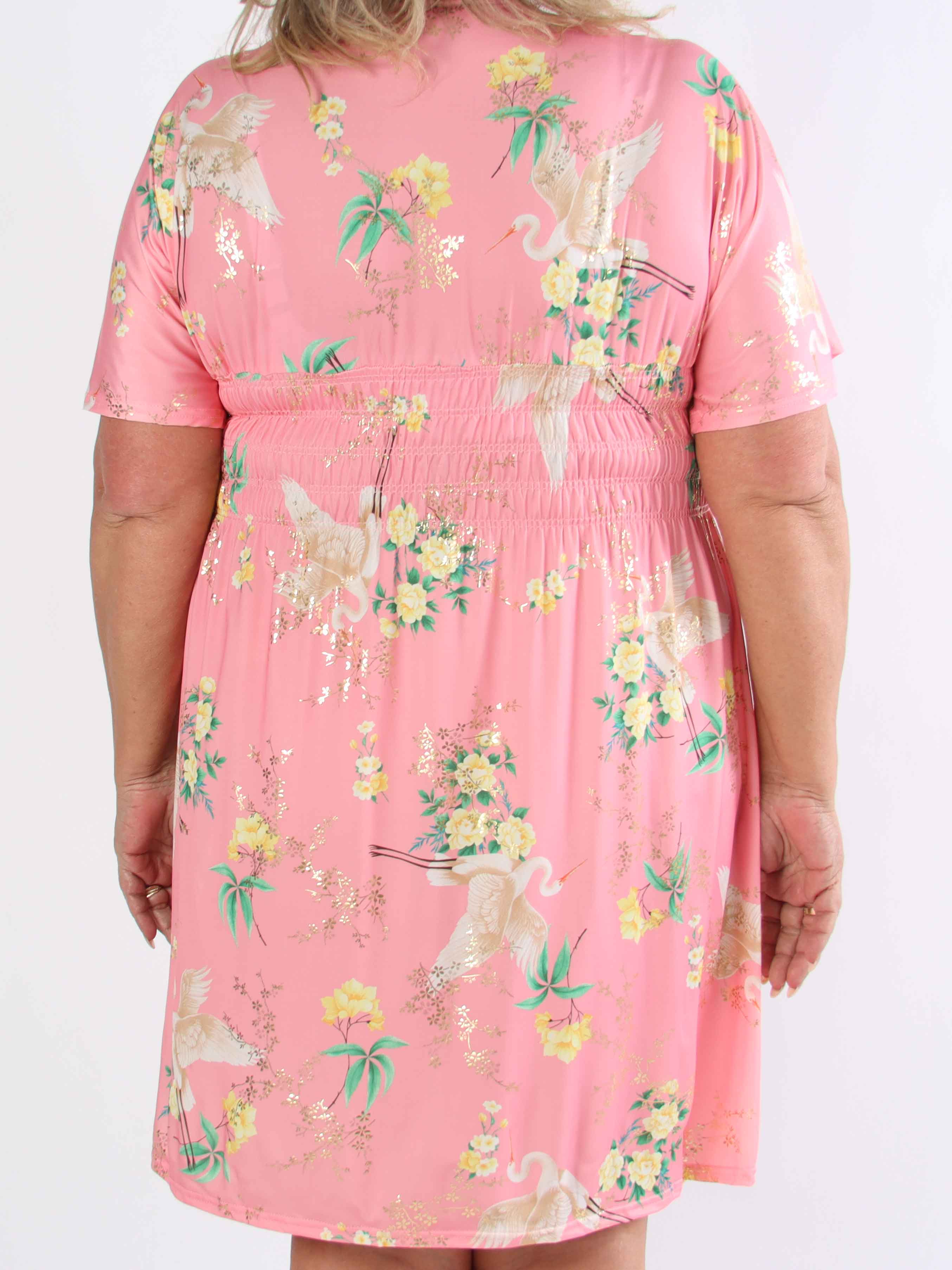 Pams Fly Short - Elastisk plus size-klänning med blommor och fåglar