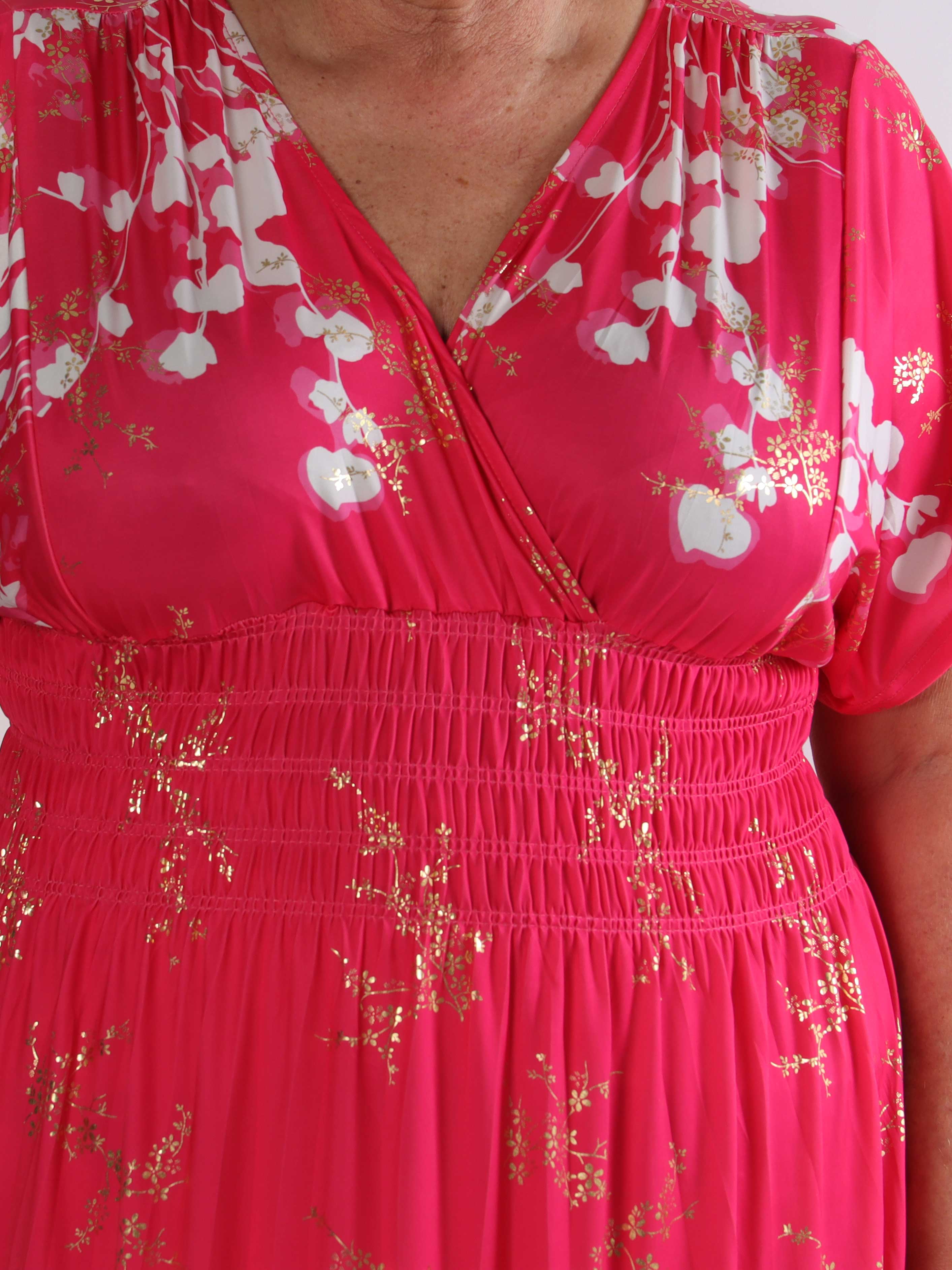 Pams Gilded Midi - Plus size kjole med blomsterprint og guld blade