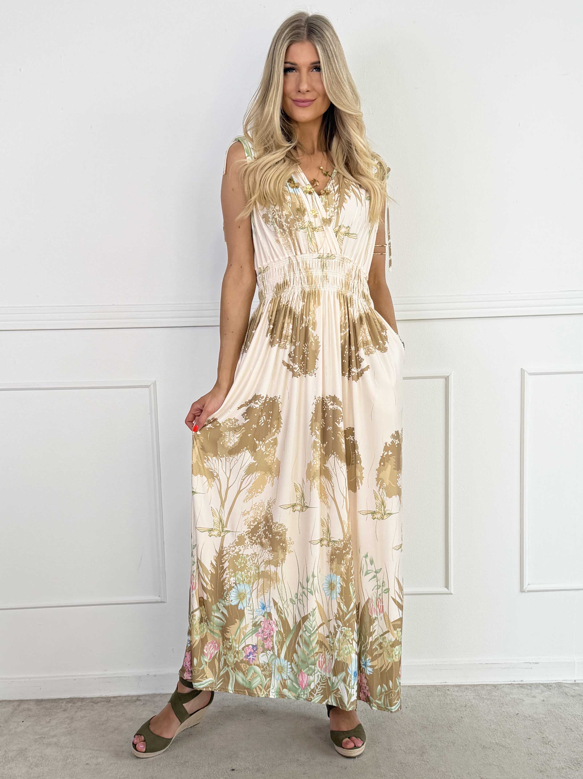 Pams Hummingbird Sleeveless - Elastisk kjole med blomster og fugle motiver