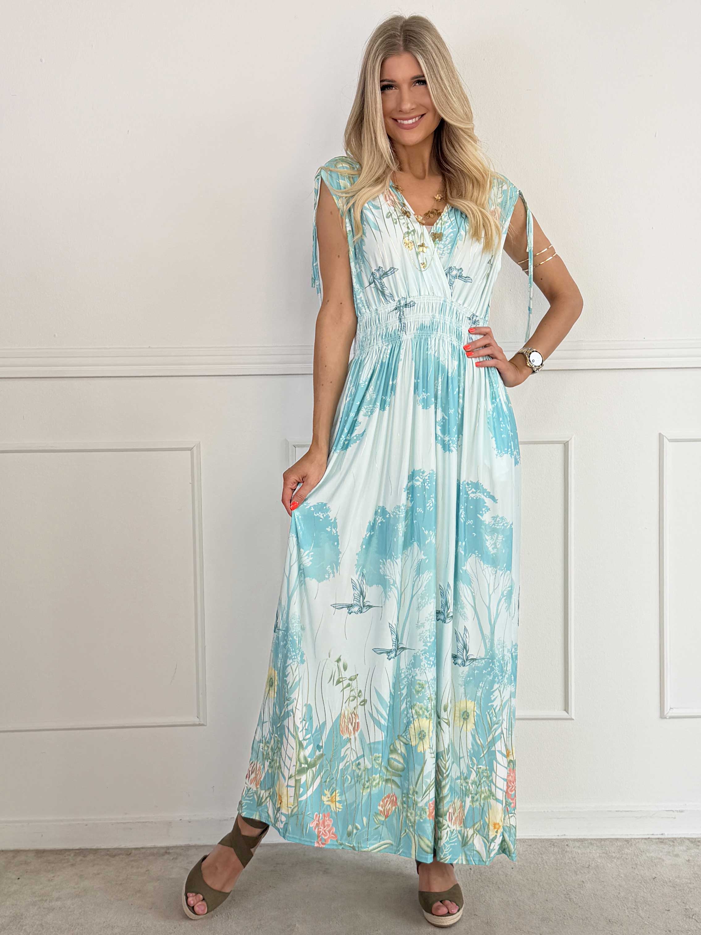 Pams Hummingbird Sleeveless - Elastisk kjole med blomster og fugle motiver