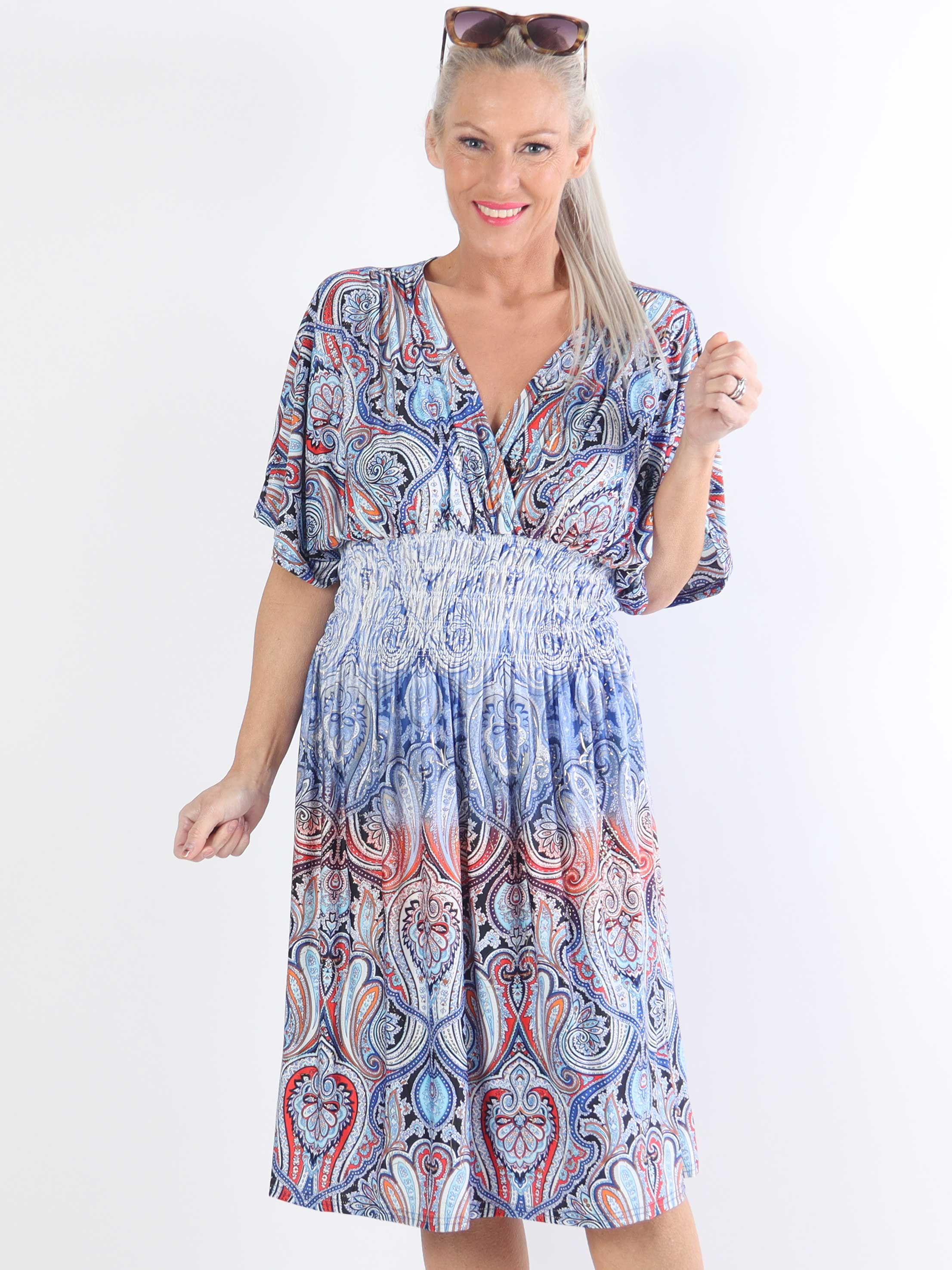 Pams Paisley short S/S - Mönstrad elastisk plus size-klänning med smock