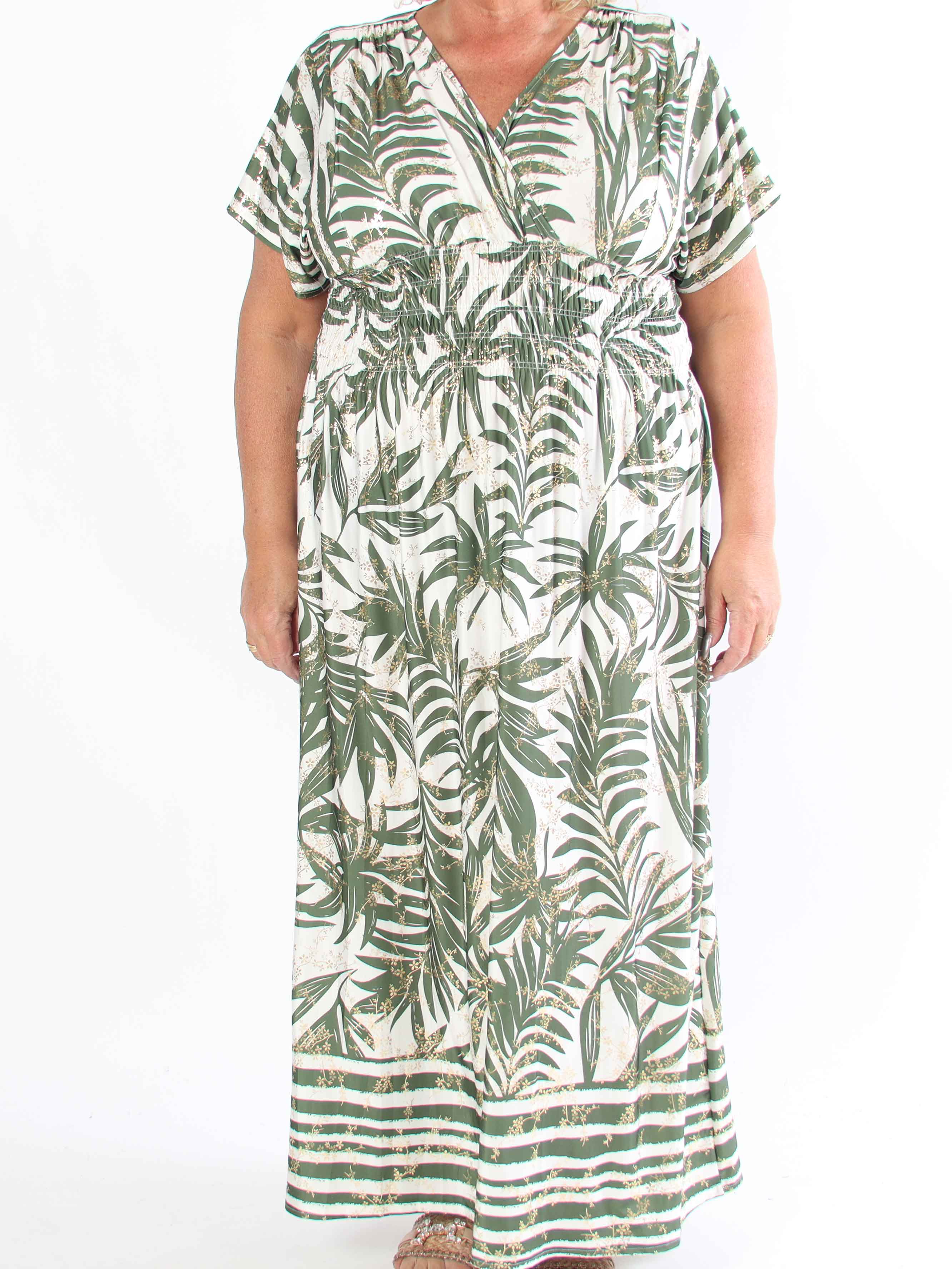 Pams Palm - Lång plus size-klänning med palmblad och smockad midja