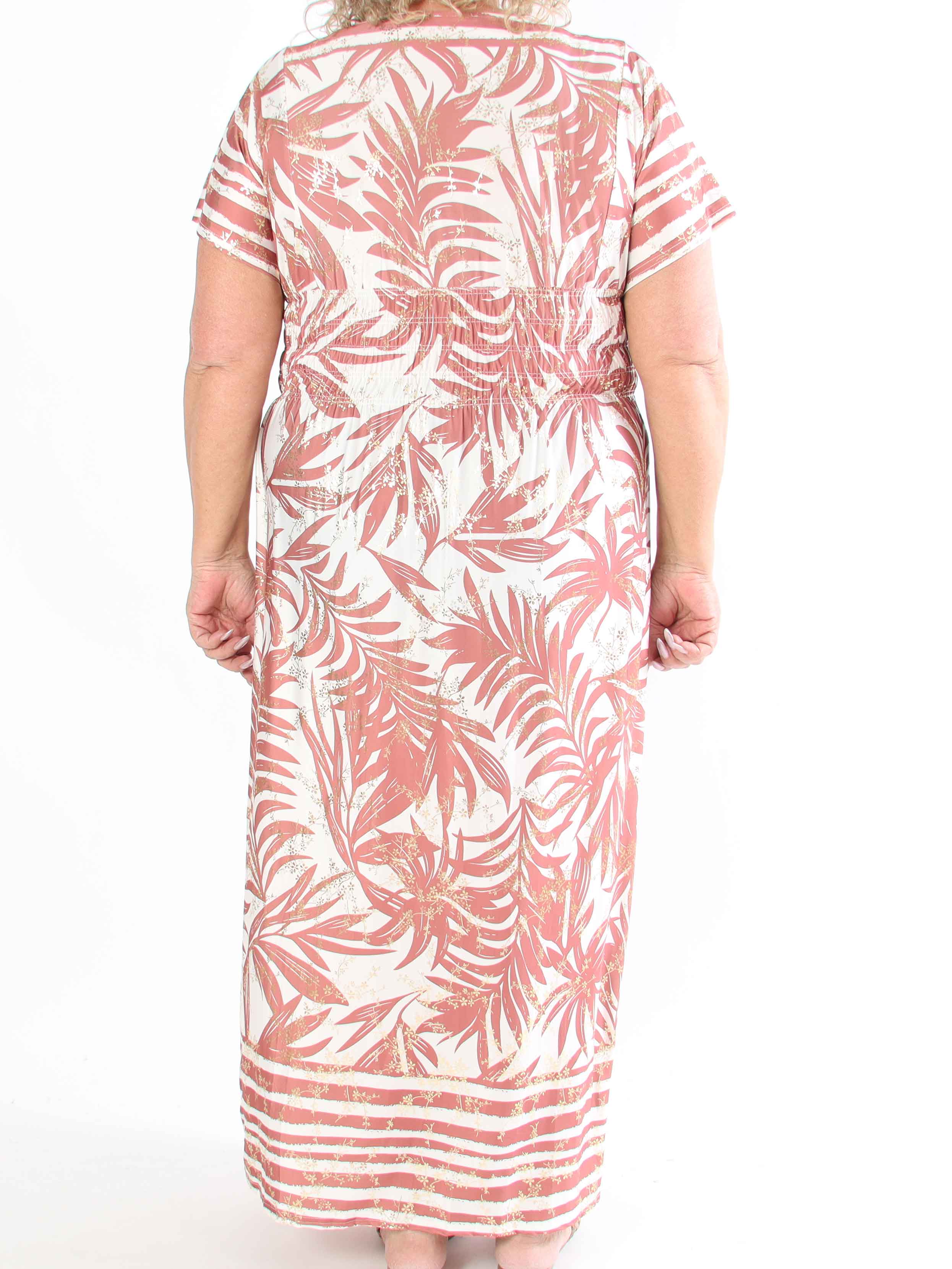 Pams Palm - Lång plus size-klänning med palmblad och smockad midja