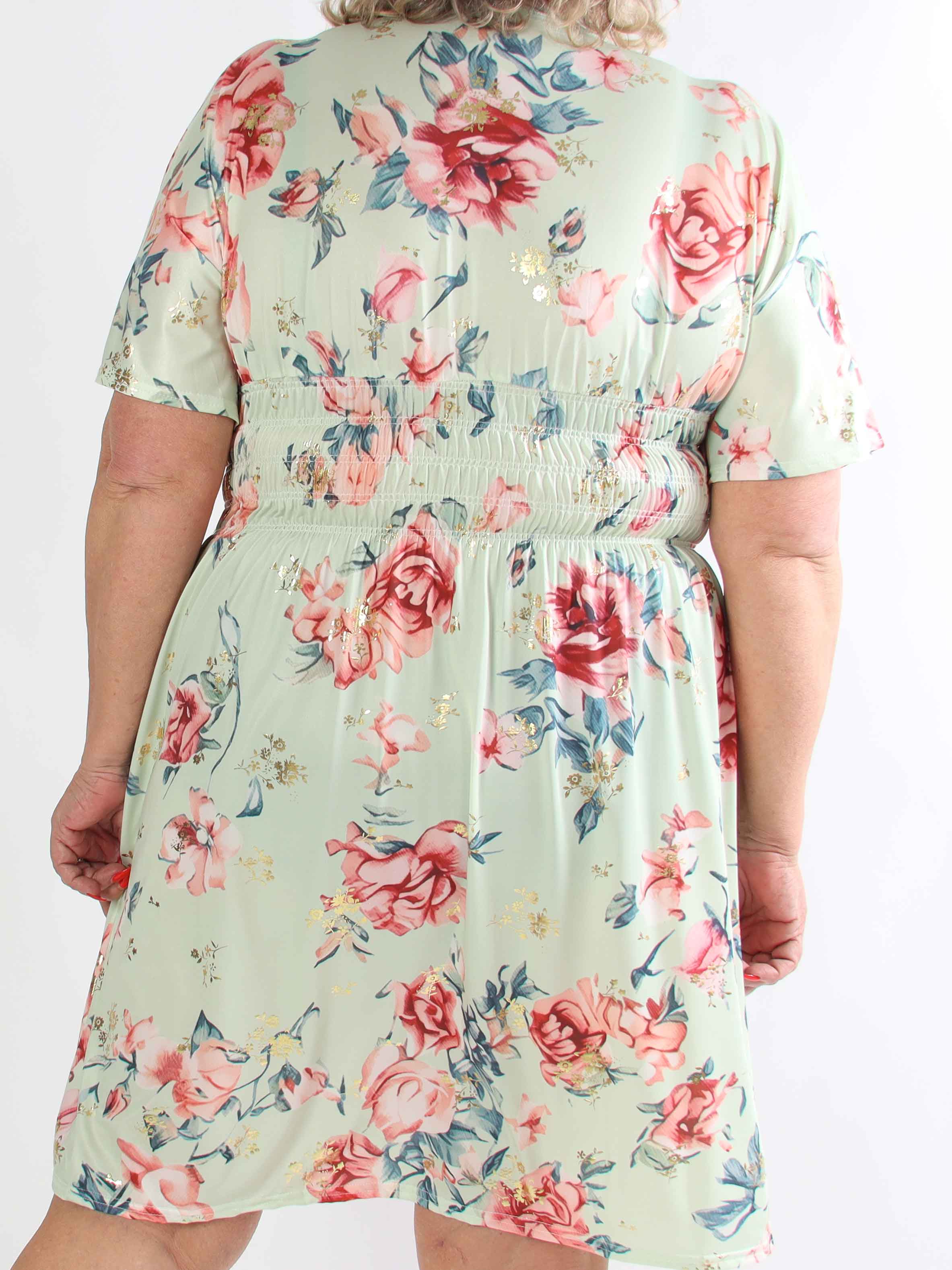 Pams Rosette Short - Plus size kjole med fine blomster og guld detaljer