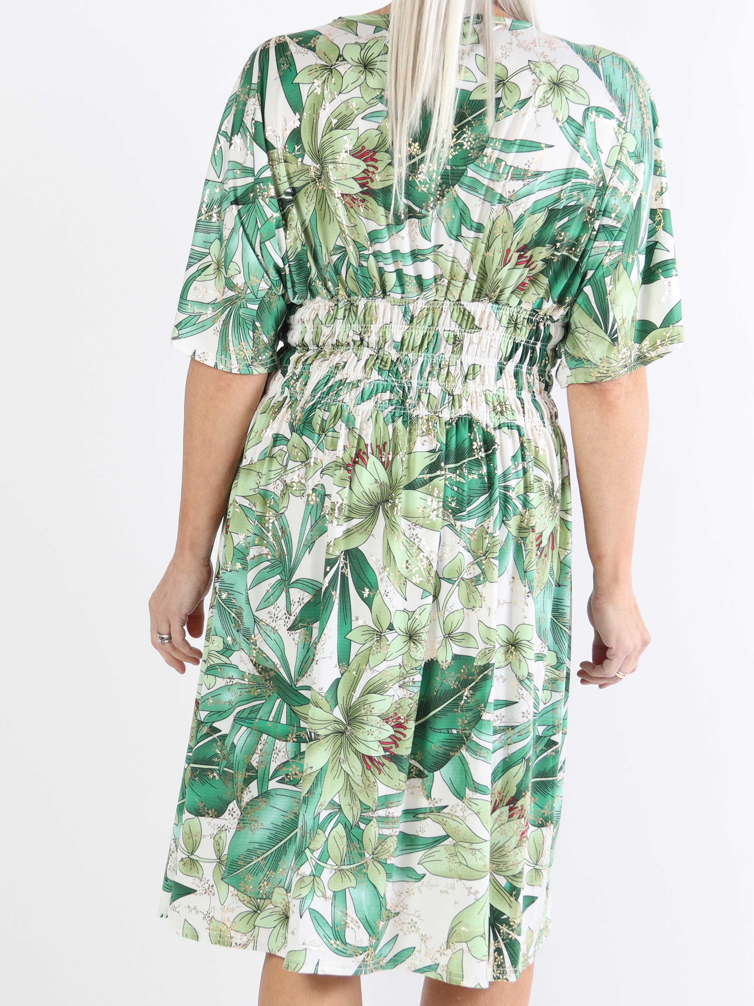 Pams short S/S - Blommig plus size-klänning med resår och smock