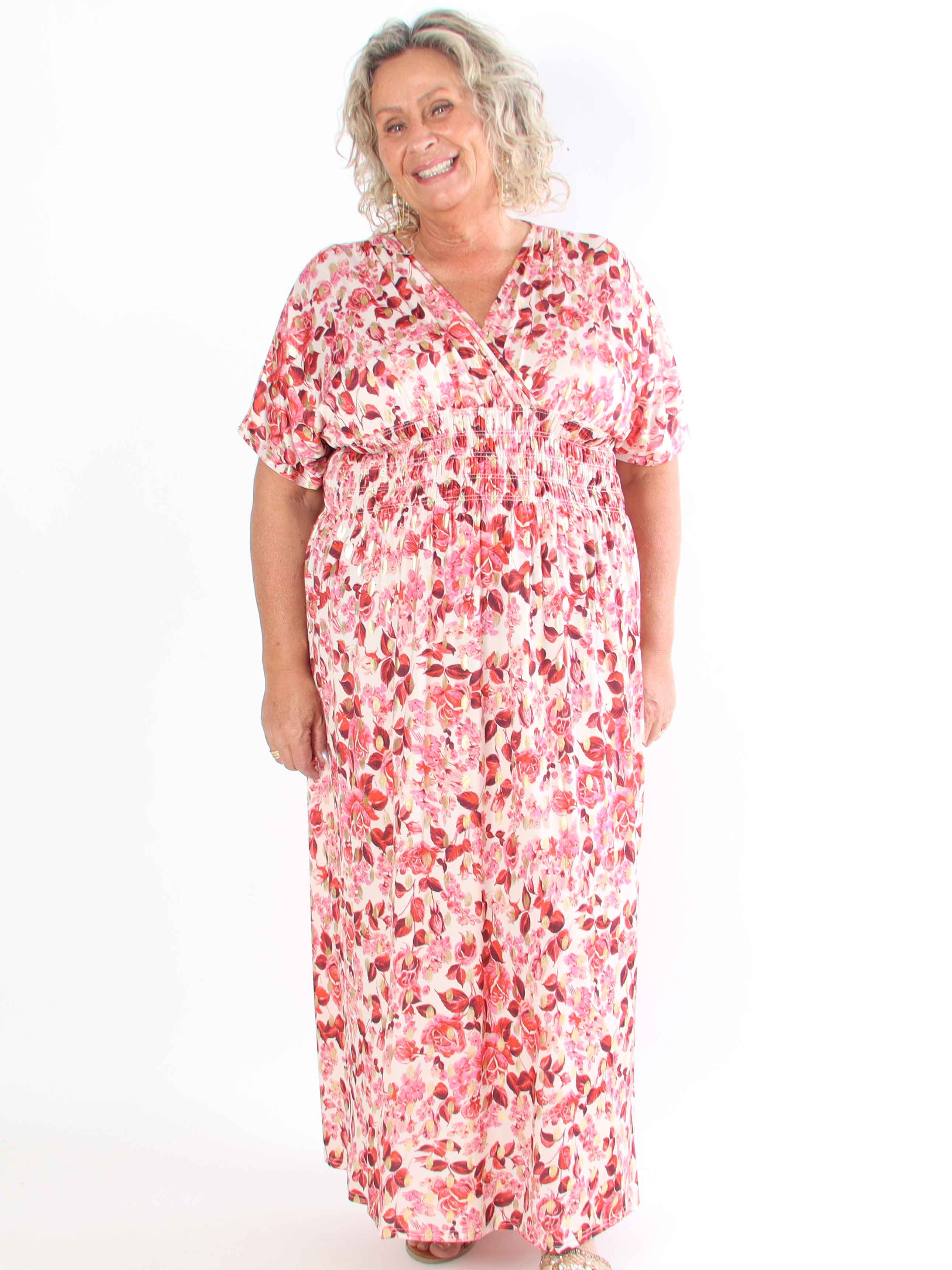 Pams Small Rose - Plus size-klänning med blommigt tryck och gulddetaljer