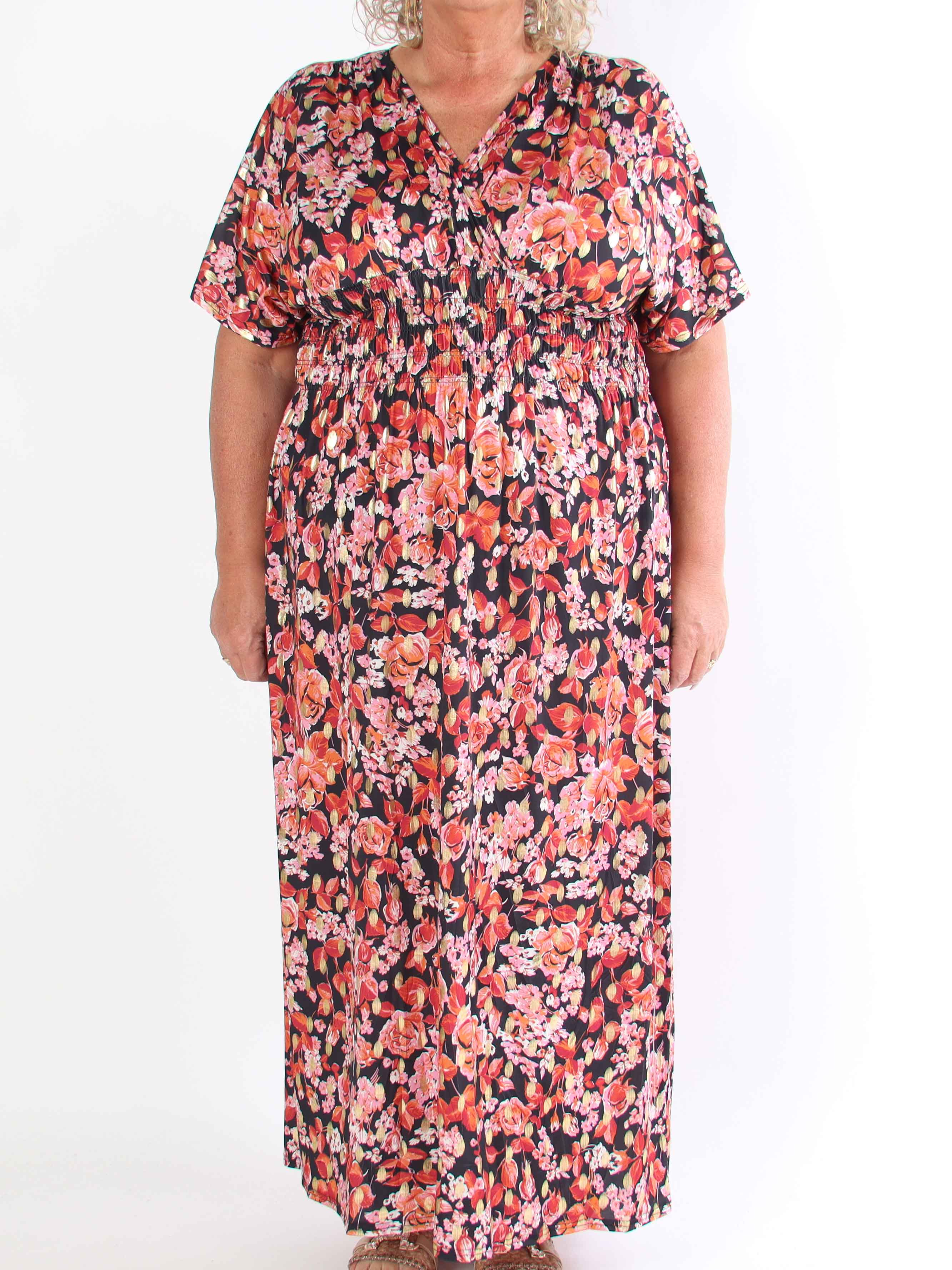 Pams Small Rose - Plus size-klänning med blommigt tryck och gulddetaljer