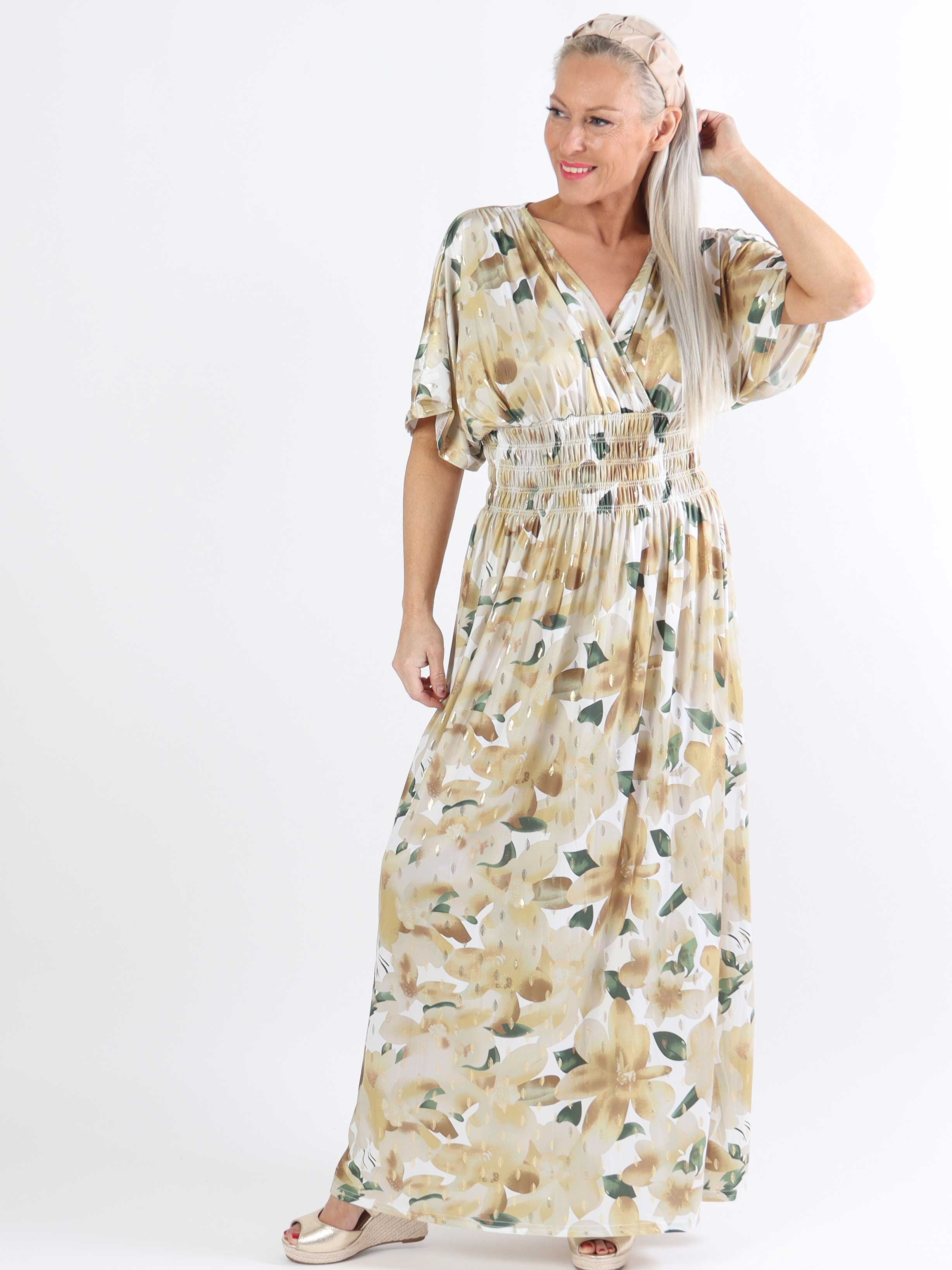 Pams Sweet Flower - Lång elastisk plus size-klänning i skrynkelfritt tyg