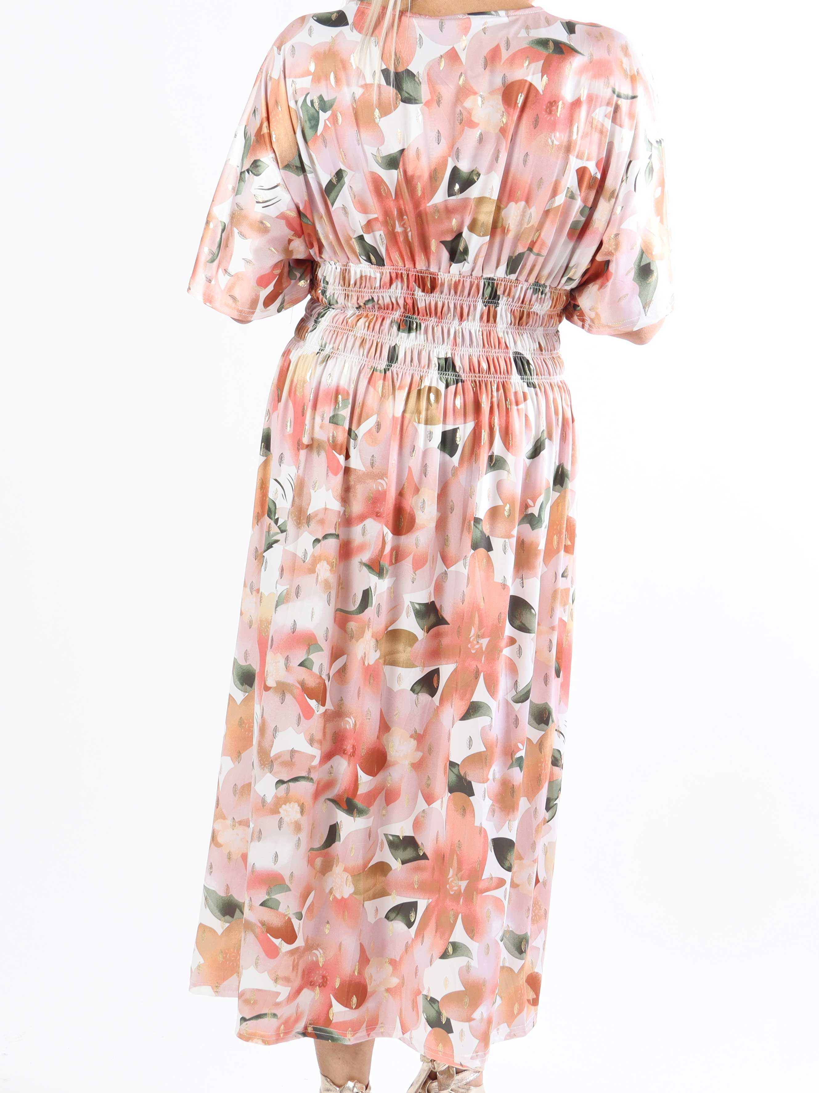 Pams Sweet Flower Midi - Elastisk plus size-klänning i skrynkelfritt tyg