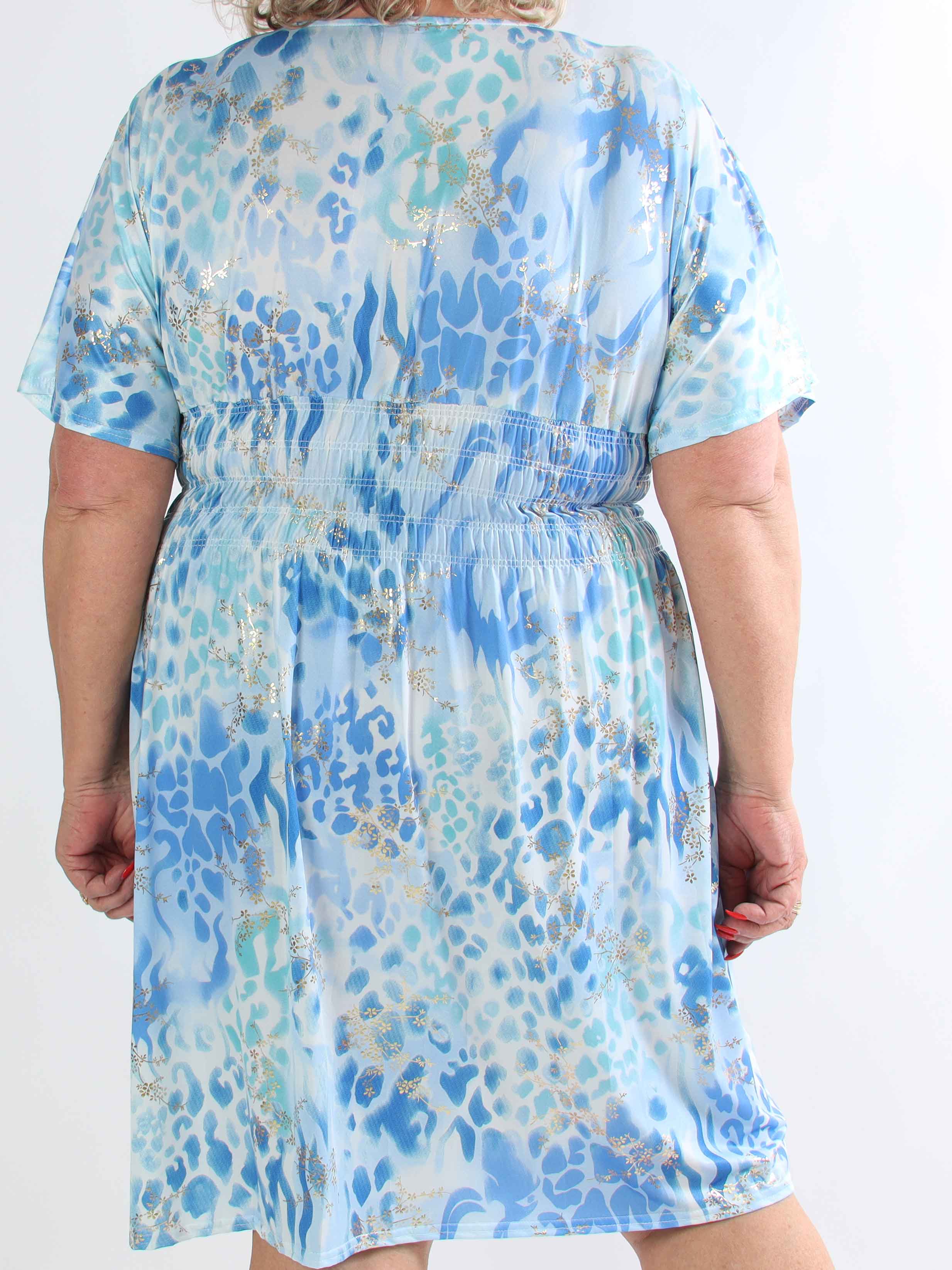 Pams Wild Short - Elastisk mønstret plus size kjole med guld bladdetaljer