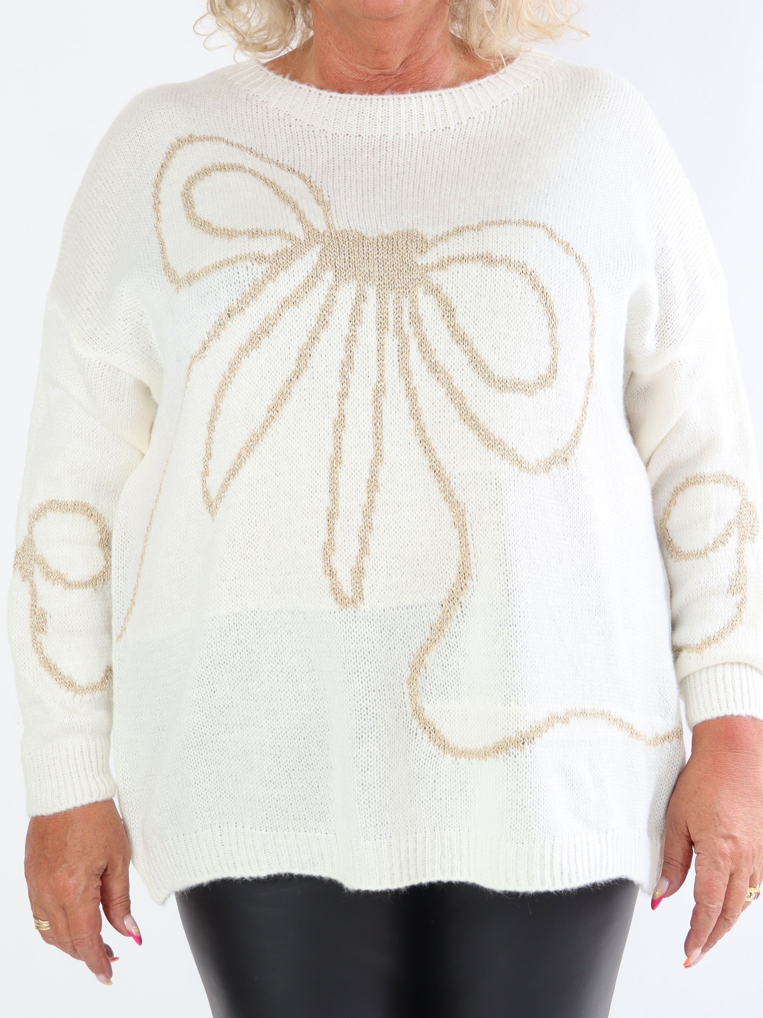 Ruby - Stickad plus size tröja med ull och rosett i guldtråd