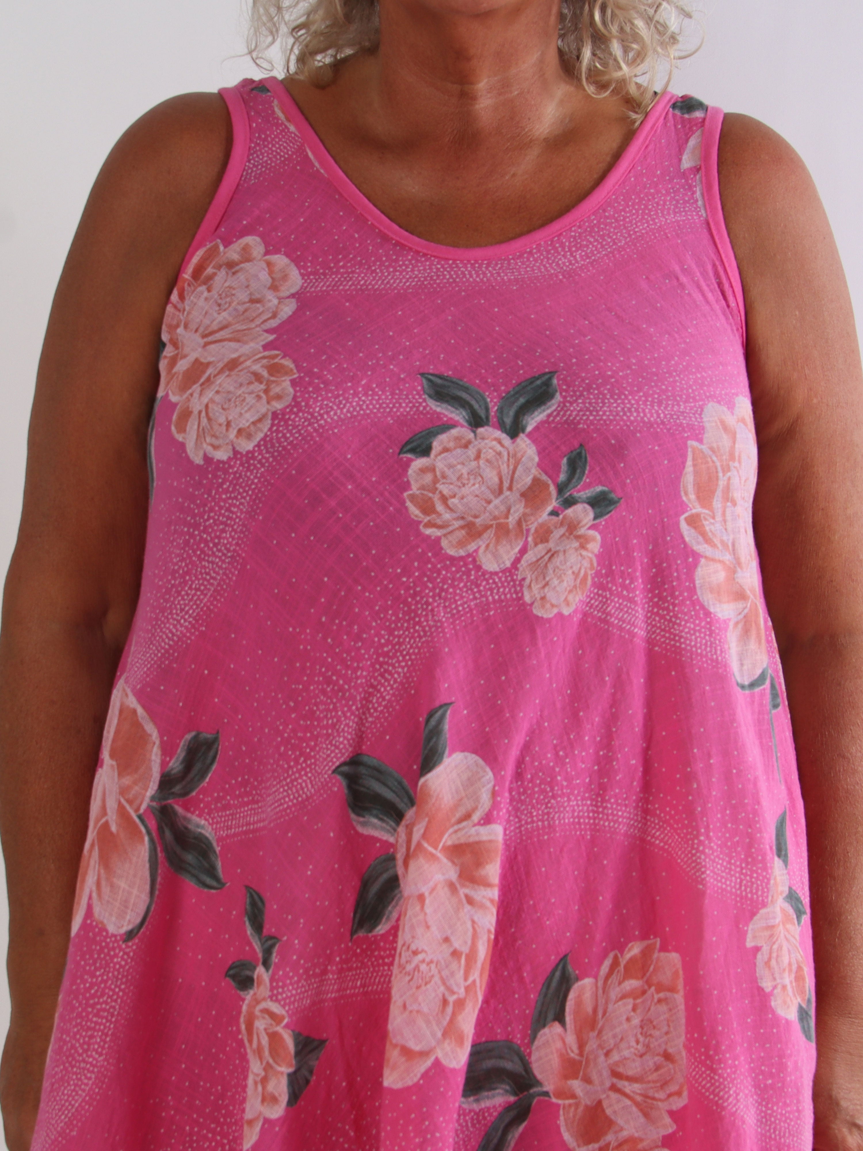 Safina - Plus size sommerkjole i hørlignende bomuld med rosemotiver