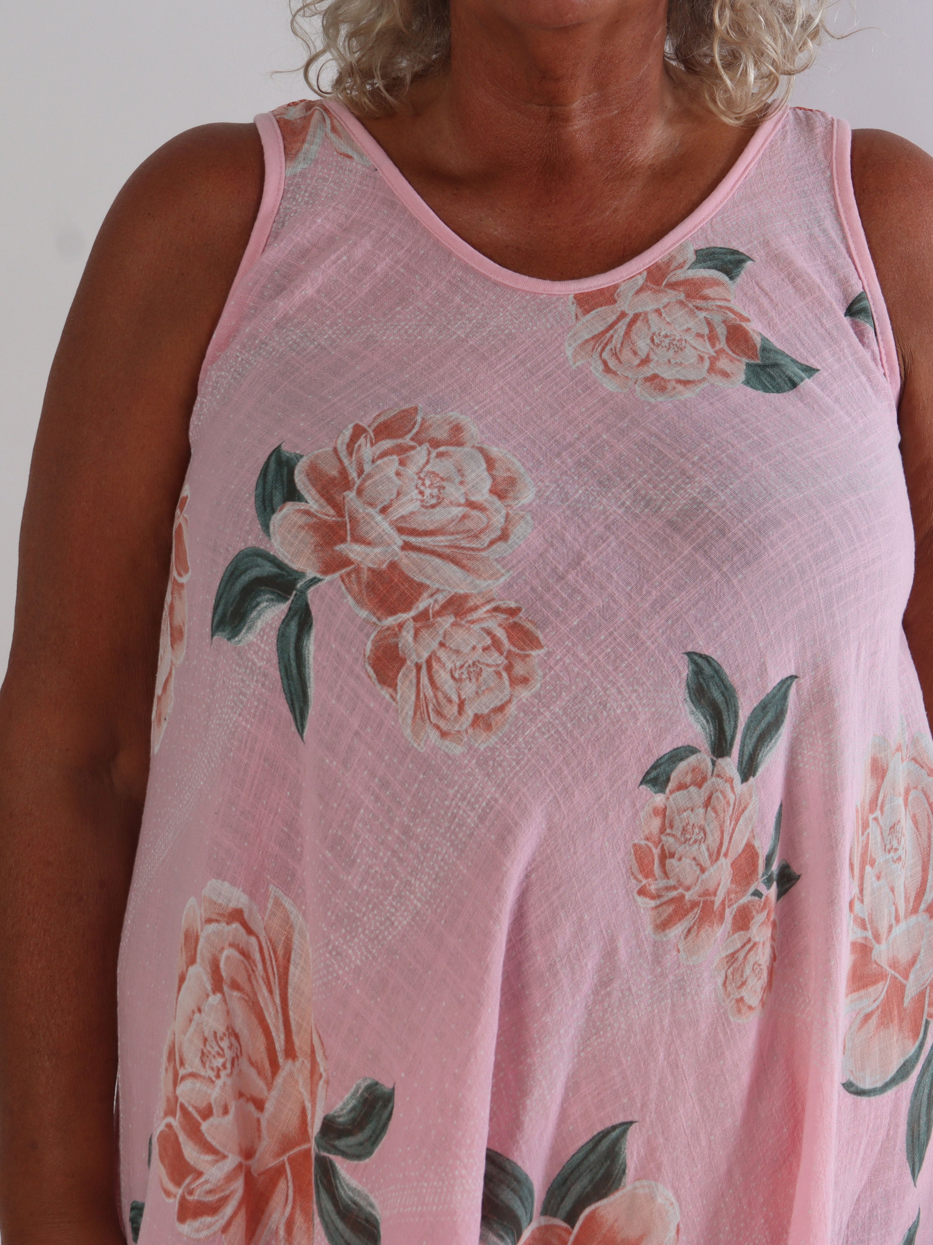 Safina - Plus size sommerkjole i hørlignende bomuld med rosemotiver