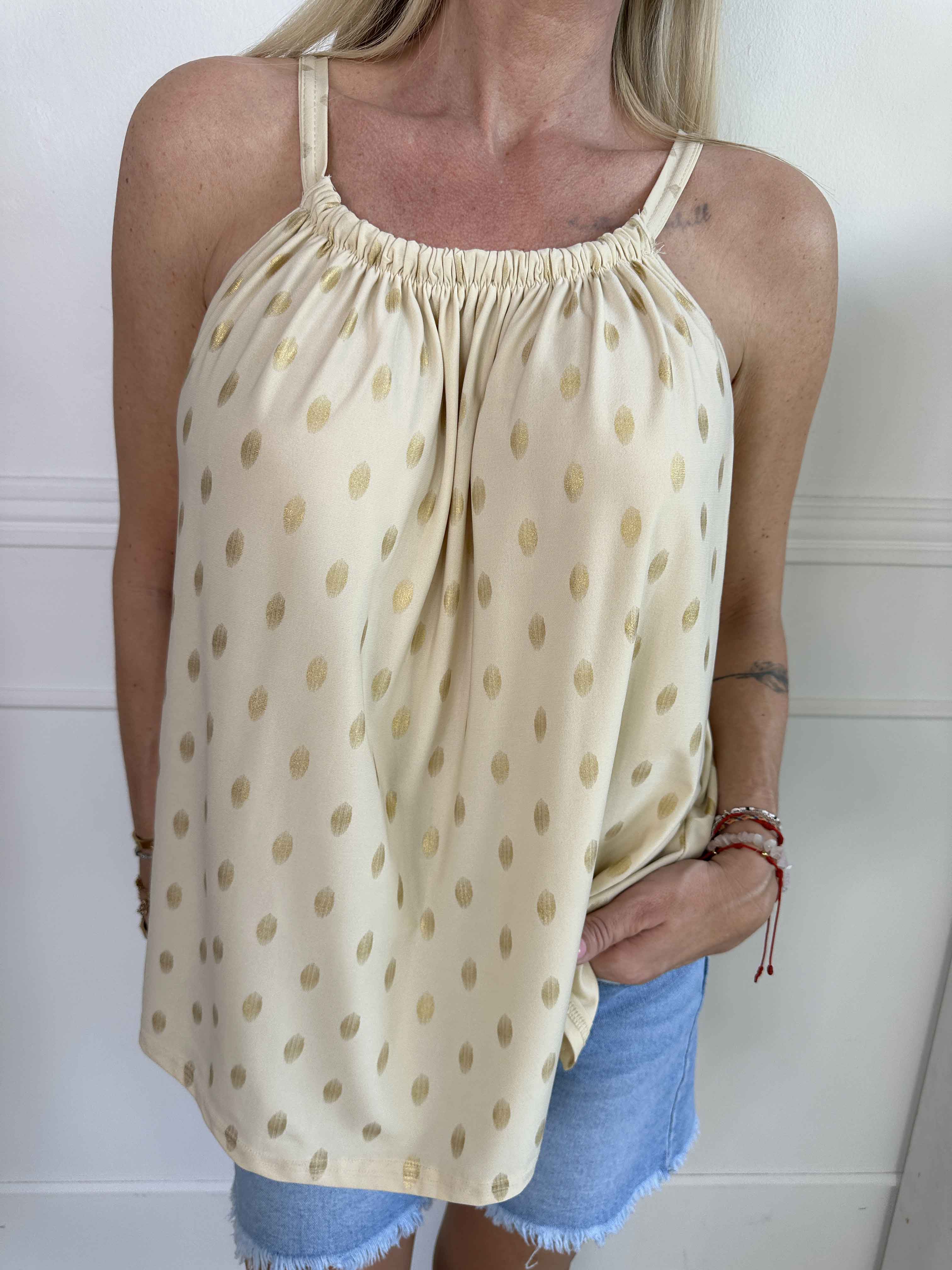 Sunlove Dot Top - Topp med elastiskt band och guldprickar
