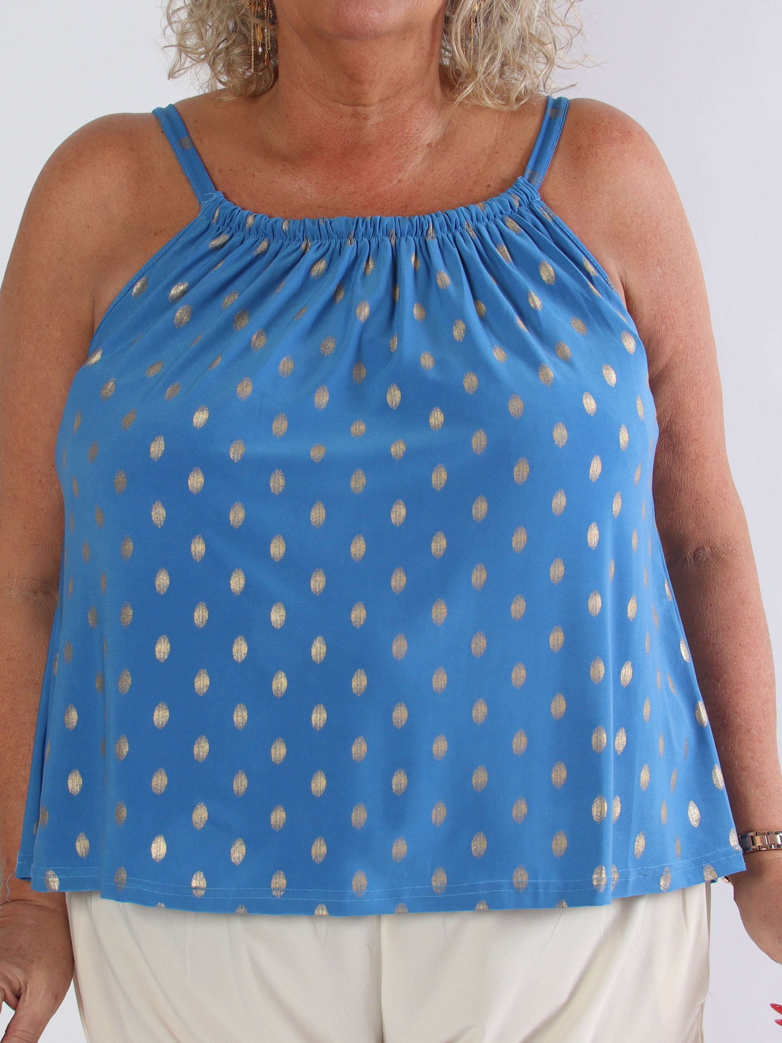 Sunlove Dot Top - Elastisk plus size-topp med band och guldprickar
