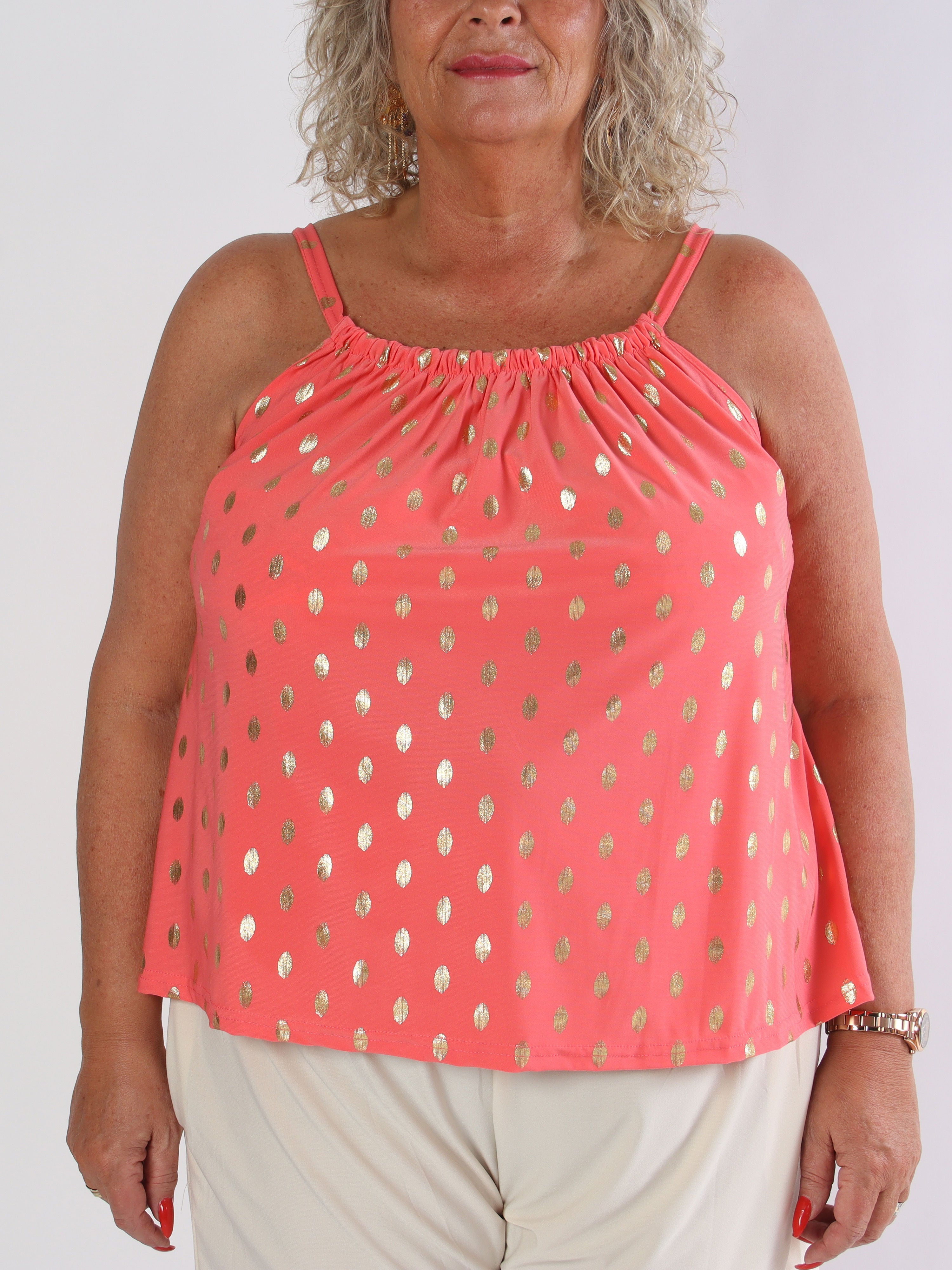 Sunlove Dot Top - Elastisk plus size-topp med band och guldprickar