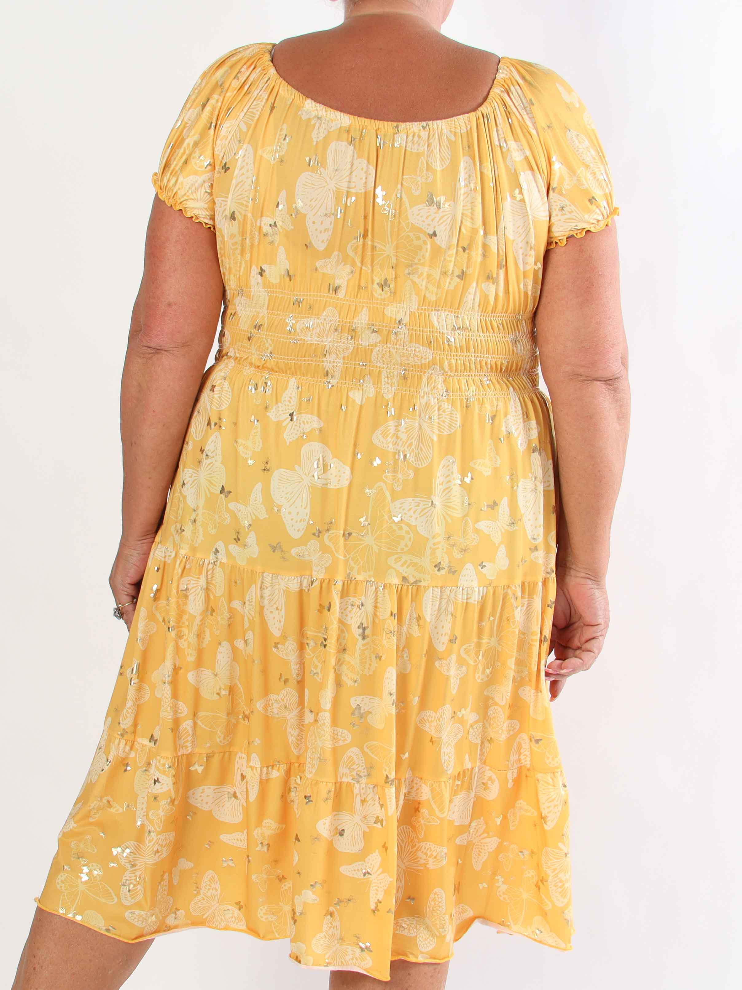 Tea Butterfly - Plus size kjole med smukt sommerfugleprint og elastisk udskæring