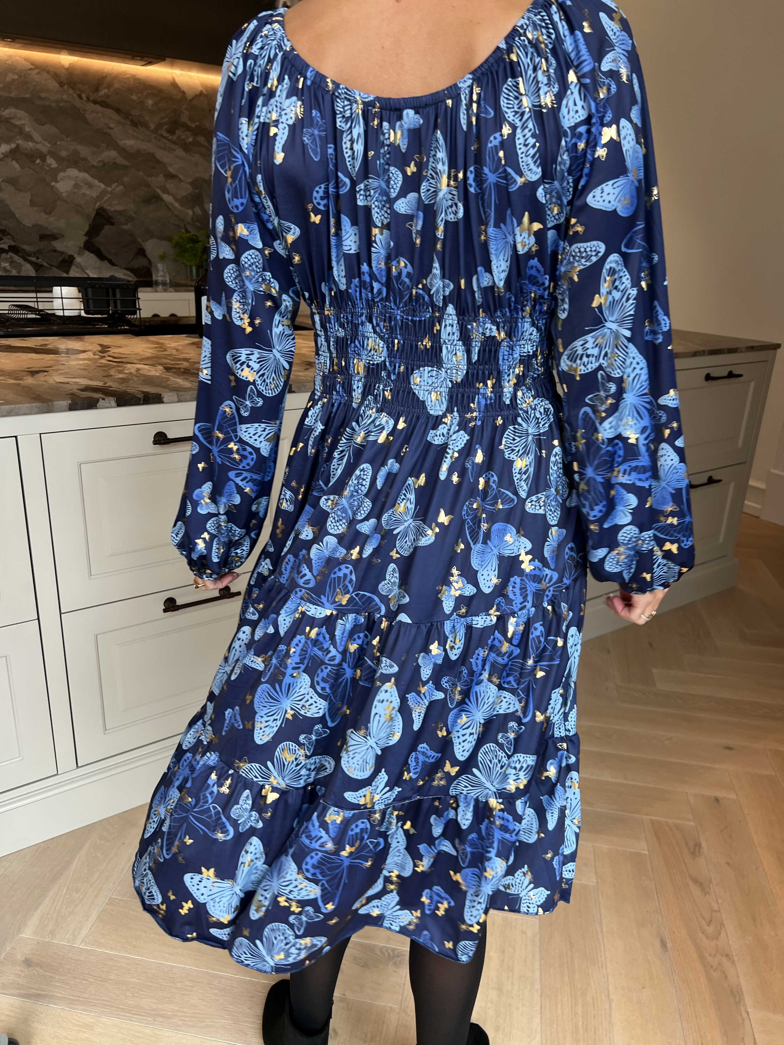 Tea Butterfly L/S - Klänning med resår i midjan och fjärilstryck