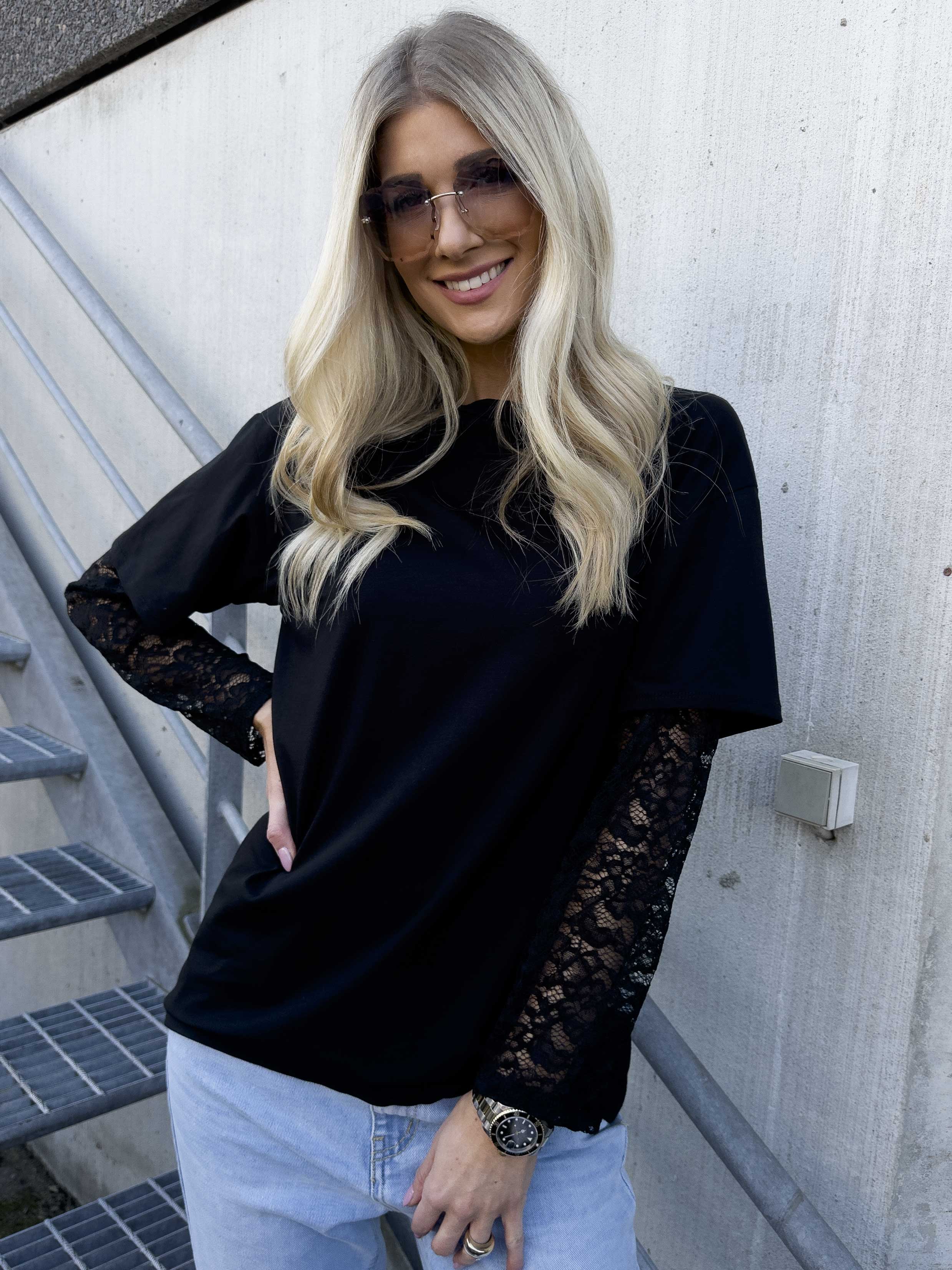 Valerie - T-shirt i bomull med långa ärmar i spets