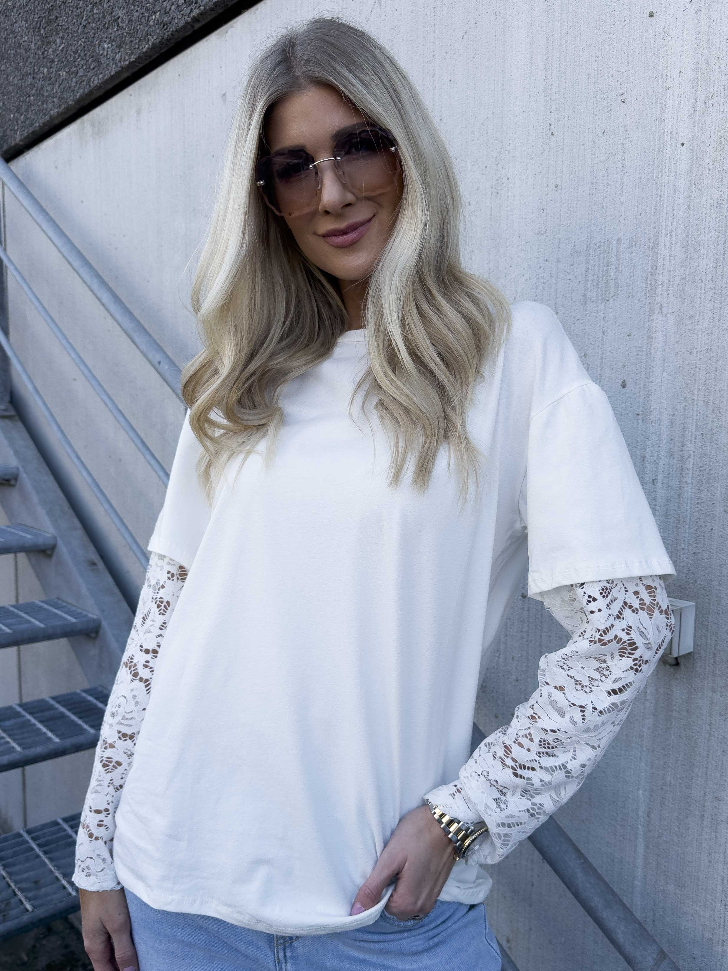 Valerie - T-shirt i bomull med långa ärmar i spets